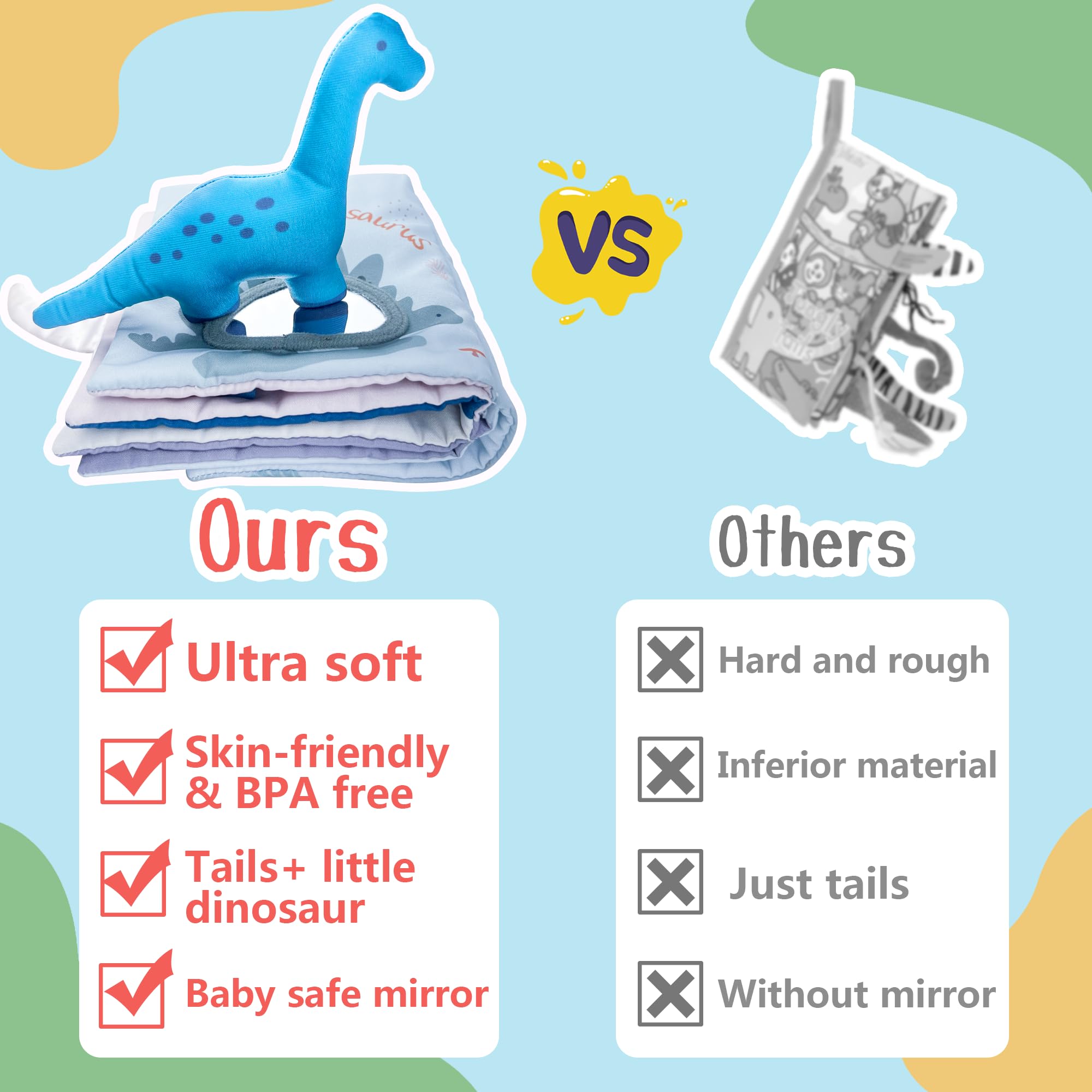 Richgv Baby Books Toys 0-6-12 Months, Baby Boy Girl Gifts Toys 0-6-12 Touch and Feel 3D Books with Dino Doll, Newborn Infant Carseat Toys Teething Toys Christmas Stocking Stuffers for Boys Girls