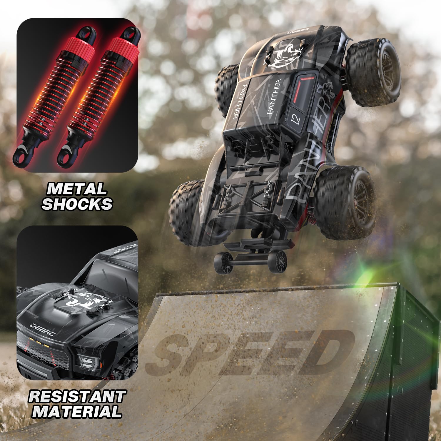 DEERC 1/14 Brushless Fast Extreme 70kph 4X4 Off-Road Truck, 7 Lighting Modes Remote Control with 2 Li-ion Batteries, Electric Large Truggy for Snow Sand