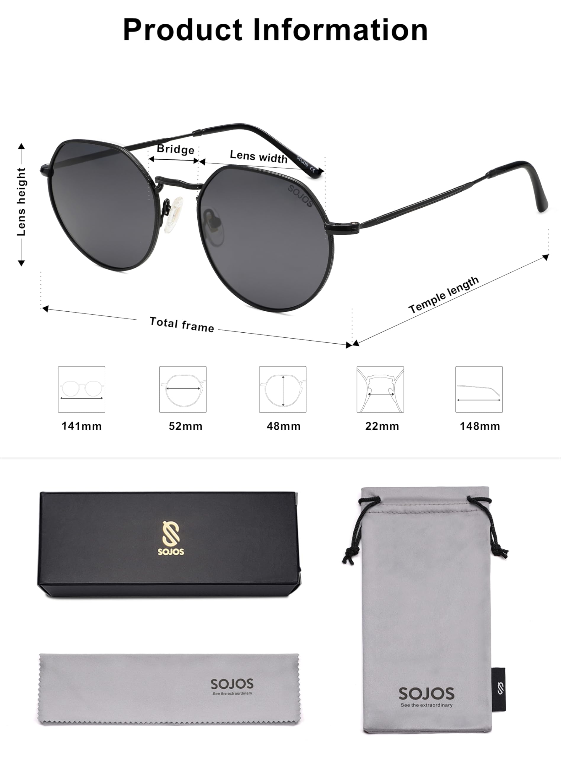 SOJOS Round Polygon Polarized Sunglasses for Women Men Retro Classic Vintage Panto Shades SJ1157