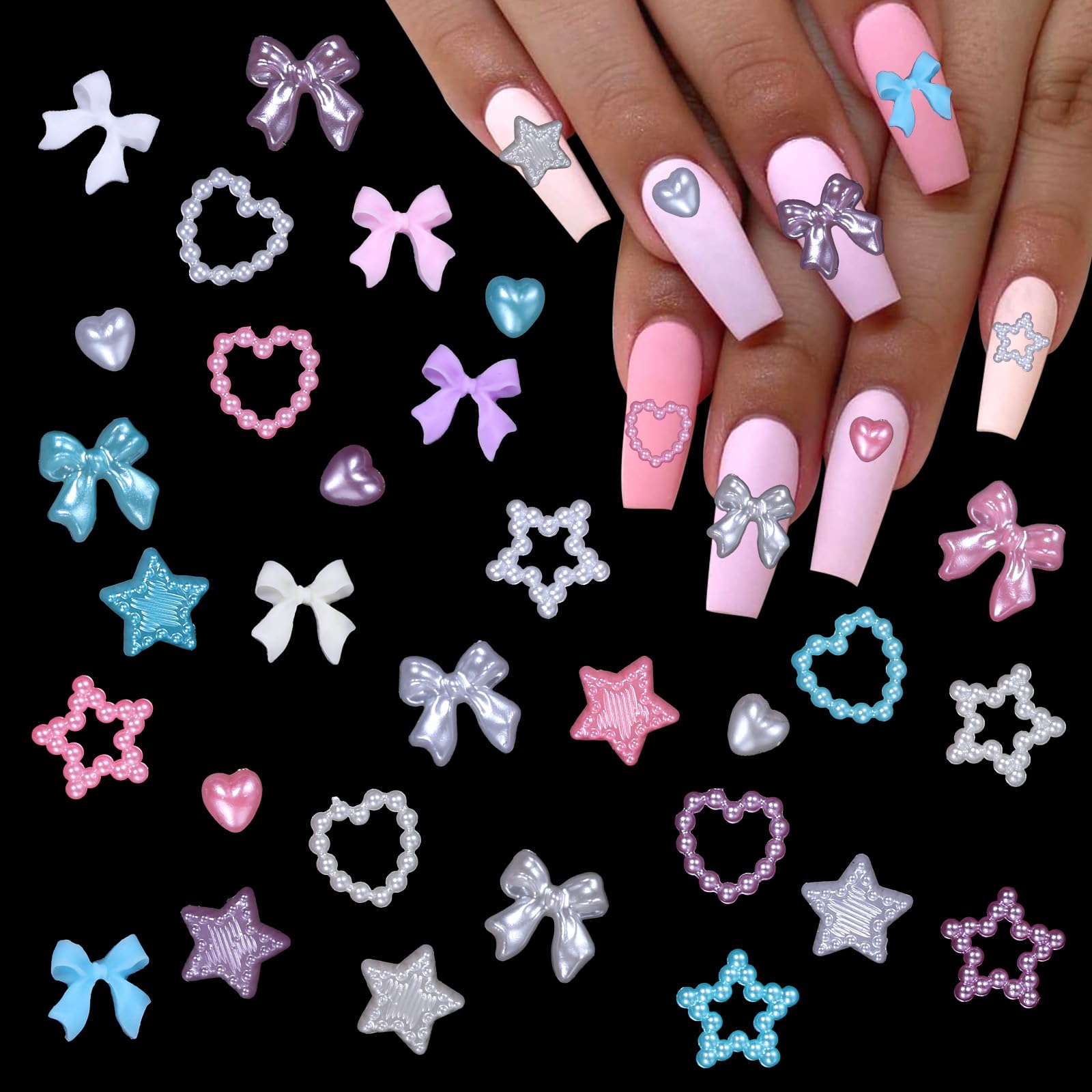 Bows Nail Charms and Flatback Nail Charms, Multi Colors Bows Nail Art Charms+Heart Star Nail Charms, Colorful Acrylic Nail Charms Pearls Nail Jewelry Charms for Nails Art DIY Crafts Accessories