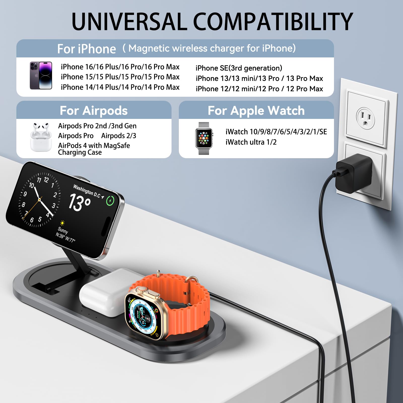 3 in 1 Wireless Charger for iPhone, Foldable Charging Station for Magsafe for iPhone 16/15/14/13/12/Pro Max/Pro/Mini/Plus, Apple Watch 10/9/8/7/SE/6/5/4/3/2/1/Ultra2/Ultra, AirPods pro/2/3/4 (Black)