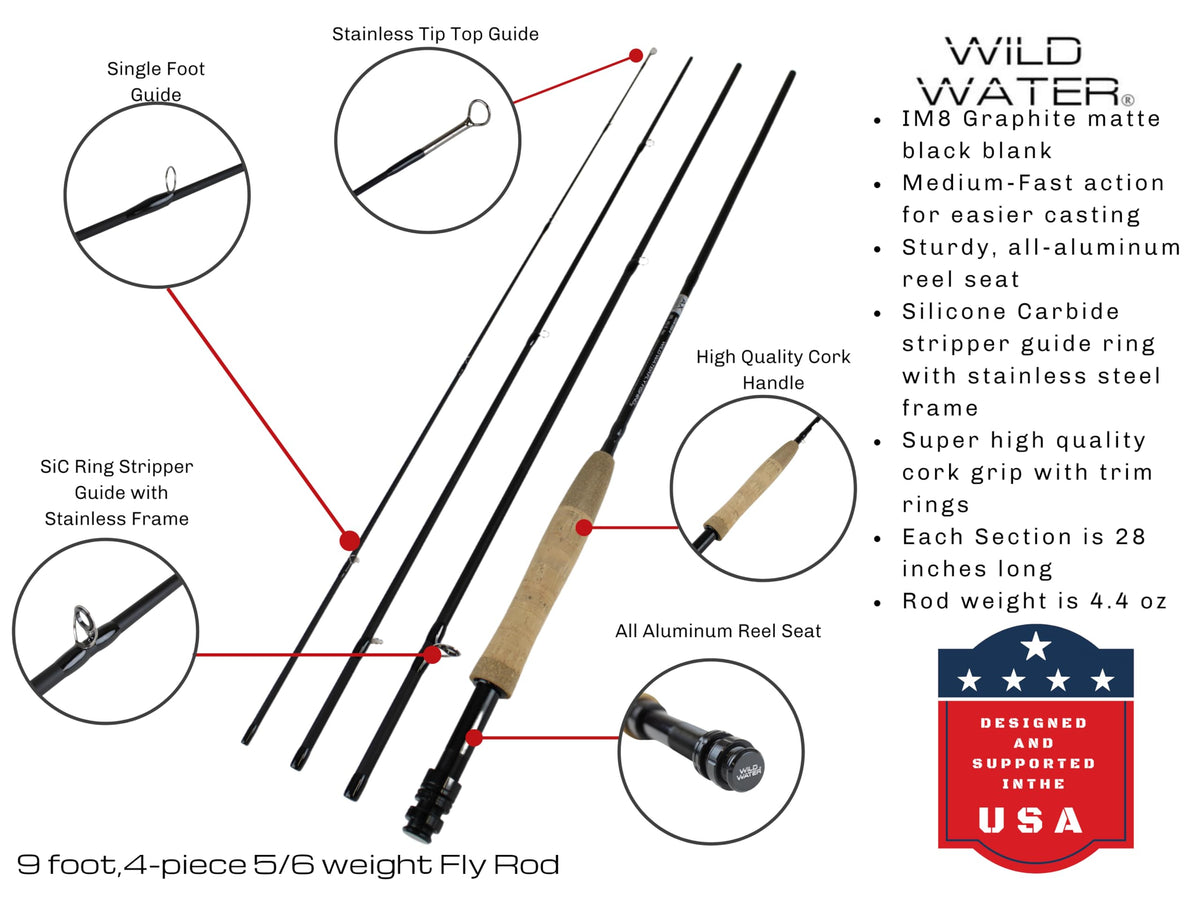 Wild Water Deluxe Fly Fishing Combo Starter Kit, 5 or 6 Weight 9 Foot Fly Rod, 4-Piece Graphite Rod with Cork Handle, Accessories, Die Cast Aluminum Reel, Carrying Case, Fly Box Case & Fishing Flies