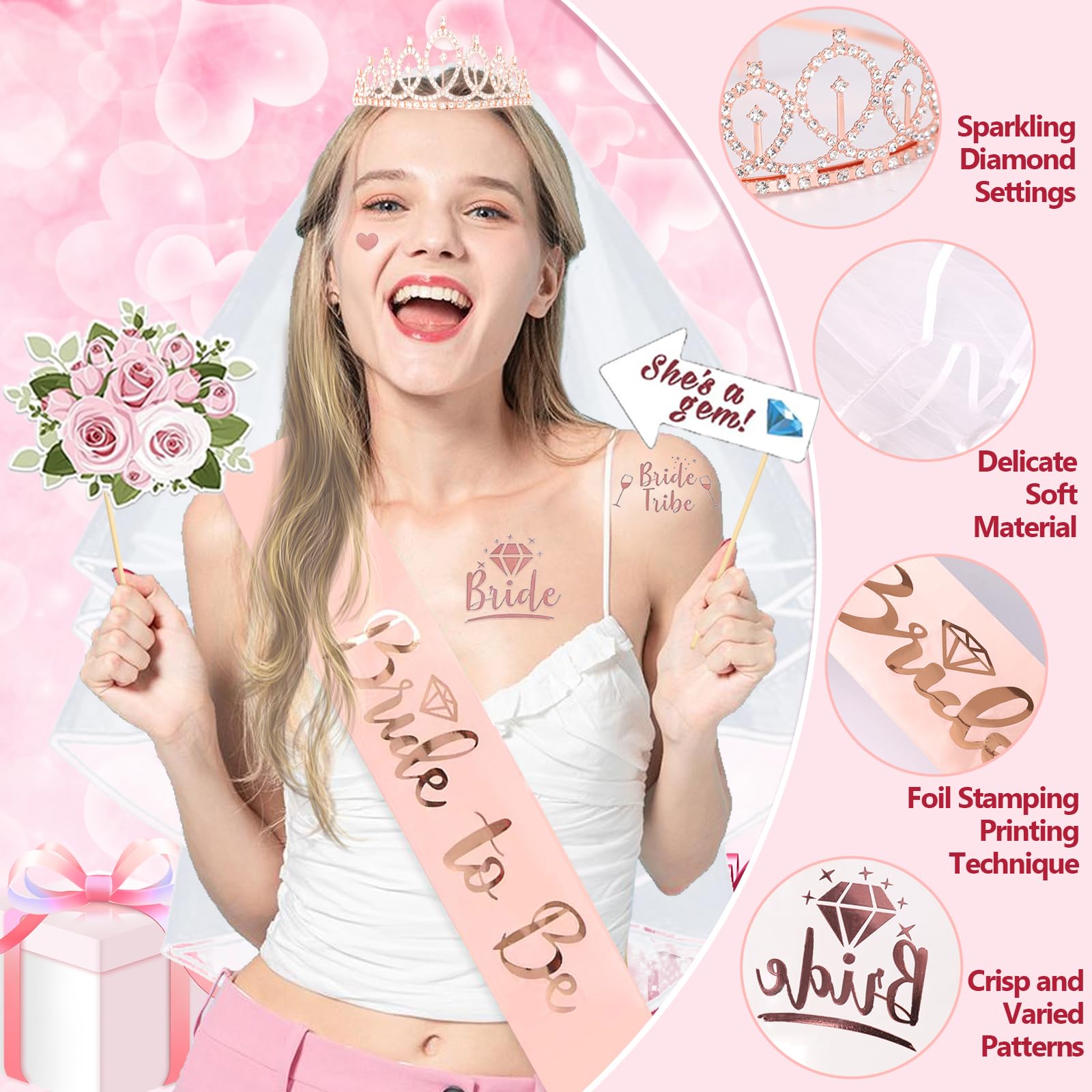 116 Pcs Bachelorette Party Decorations, Bride To Be Decorations include Bride To Be Sash Veil Crown Tattoo Stickers Photo Props Fringe Curtain for Bachelorette Wedding Bridal Shower Decorations