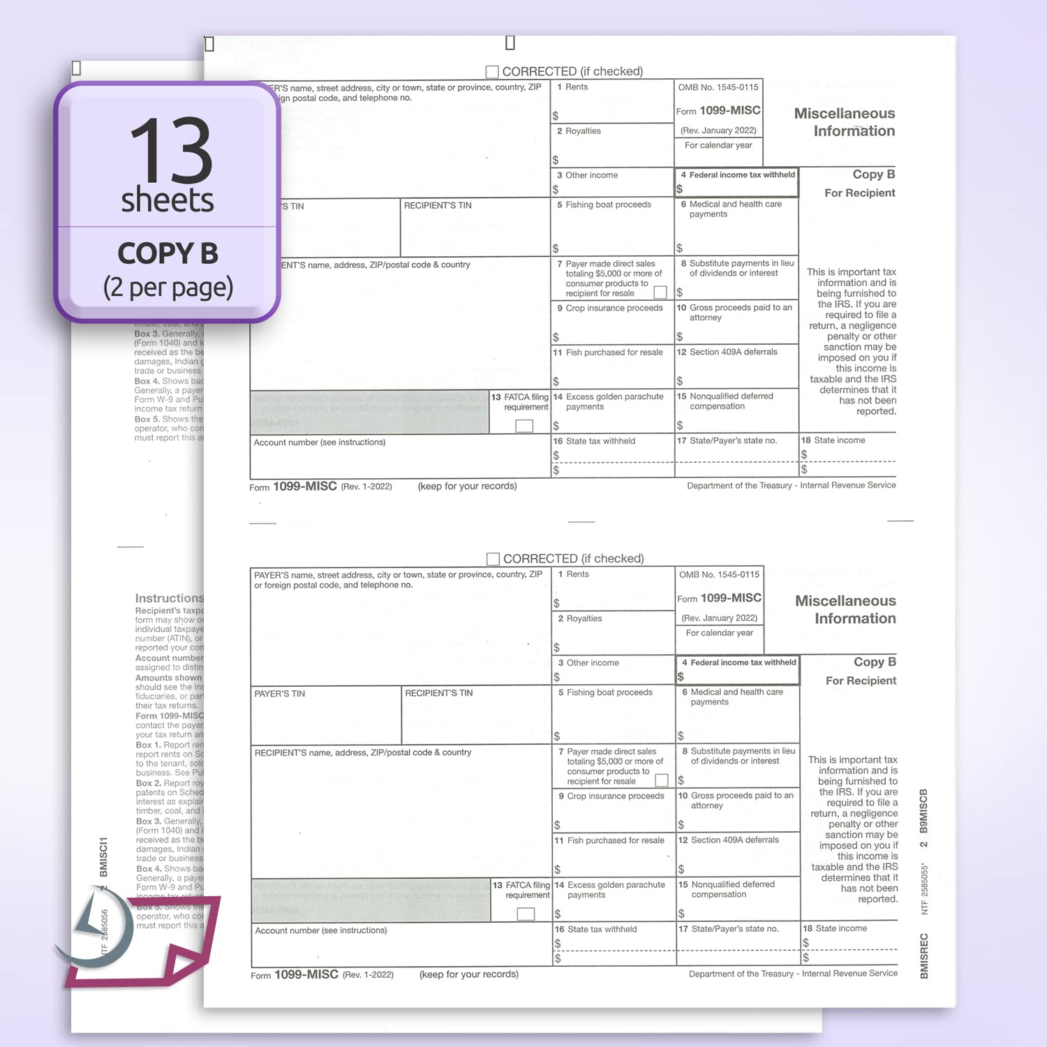 NextDayLabels 1099 MISC Forms for 2024, 4-Part Tax Forms, Vendor Kit of 25 Laser Forms and 25 Self-Seal Envelopes, Forms Designed for QuickBooks and Other Accounting Software