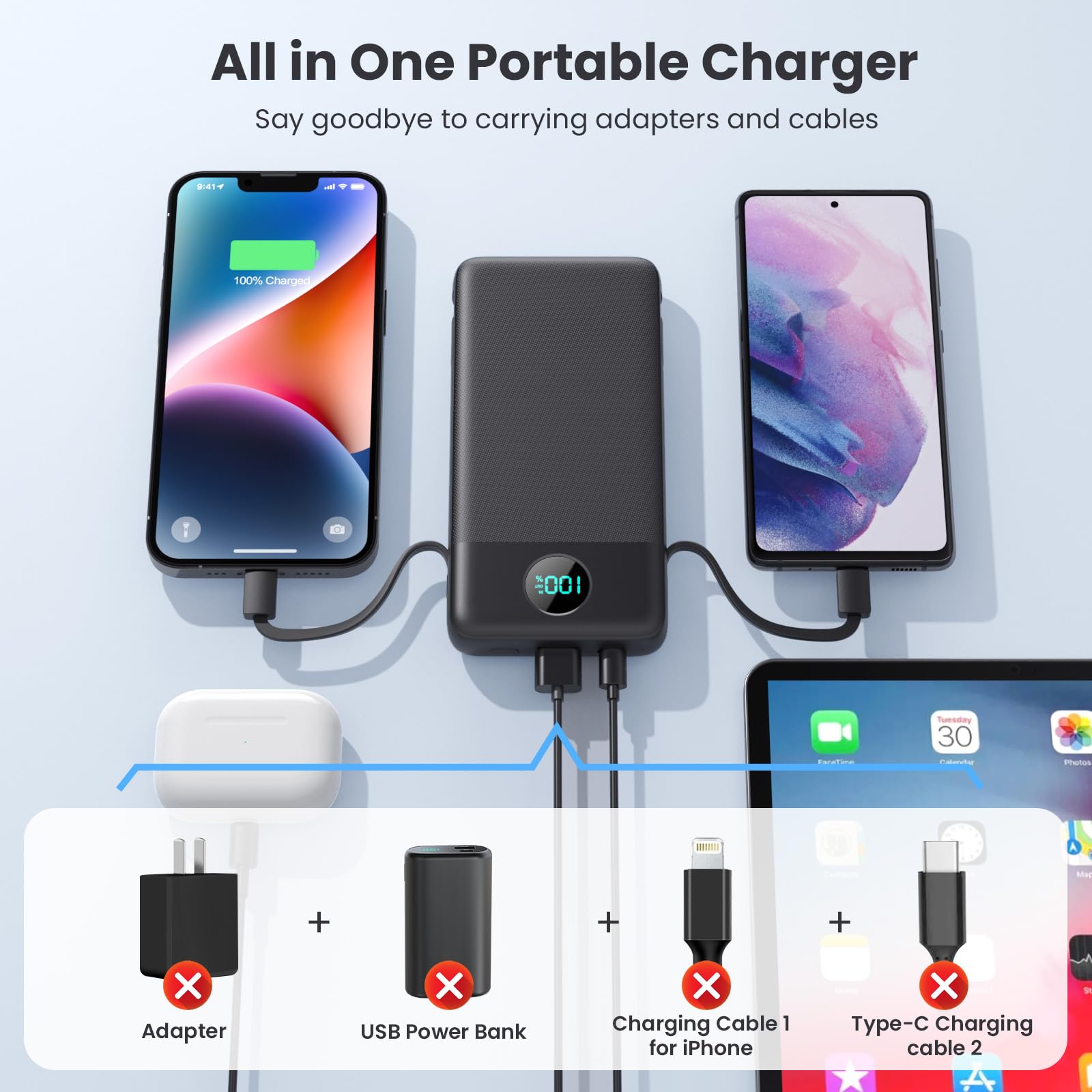 Portable Charger USB C Power Bank with 2 Built in Cables & AC Wall Plug,13800mAh Portable Battery Pack Fast Charging Compact LED Display Universal Compatible with iPhone 16/15,Galaxy S23,Tablets etc