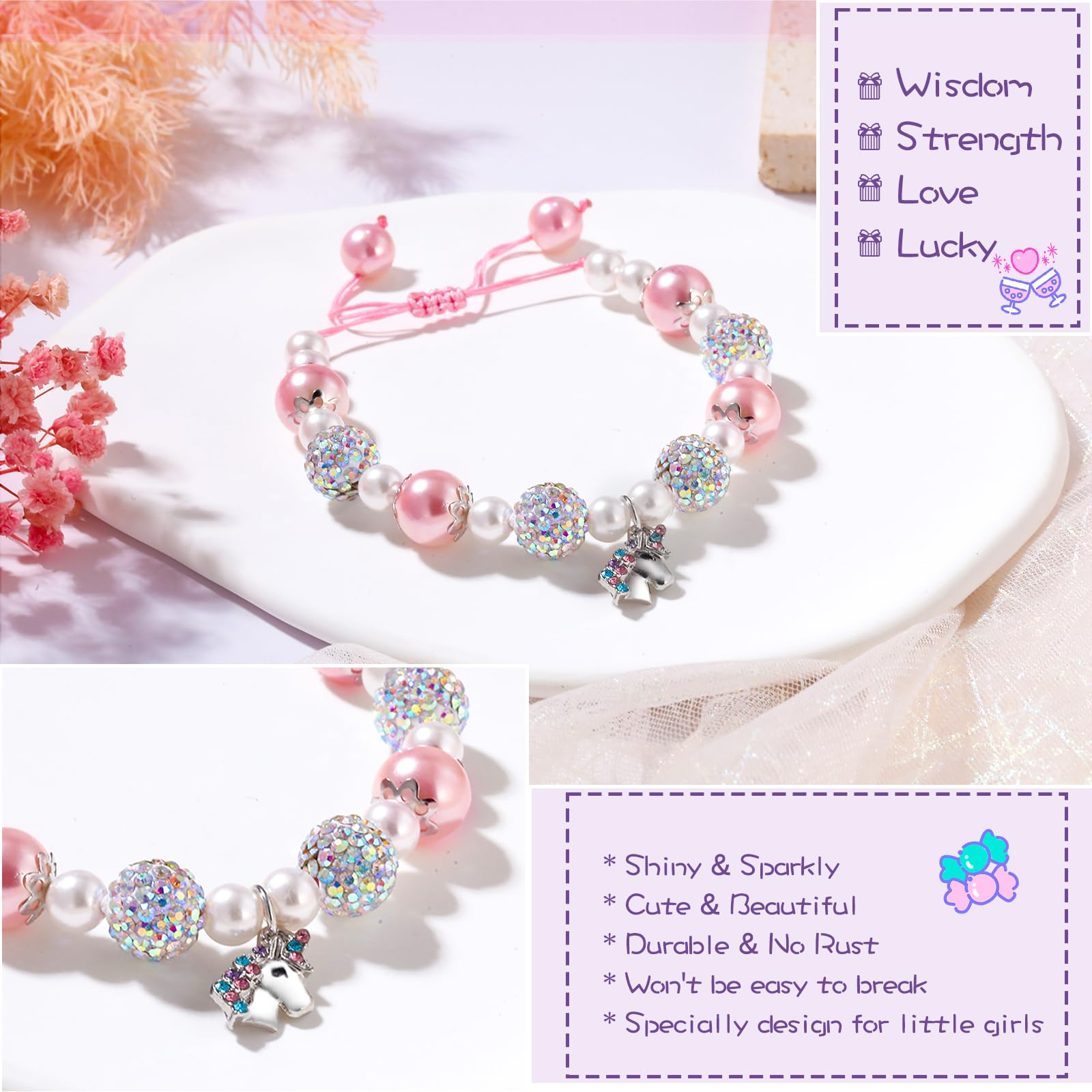 Alissl Unicorn Back to School Gifts for Girls, Adjustable Pink Pearl Bracelet Gifts for Daughter Niece Granddaughter Teen Girls