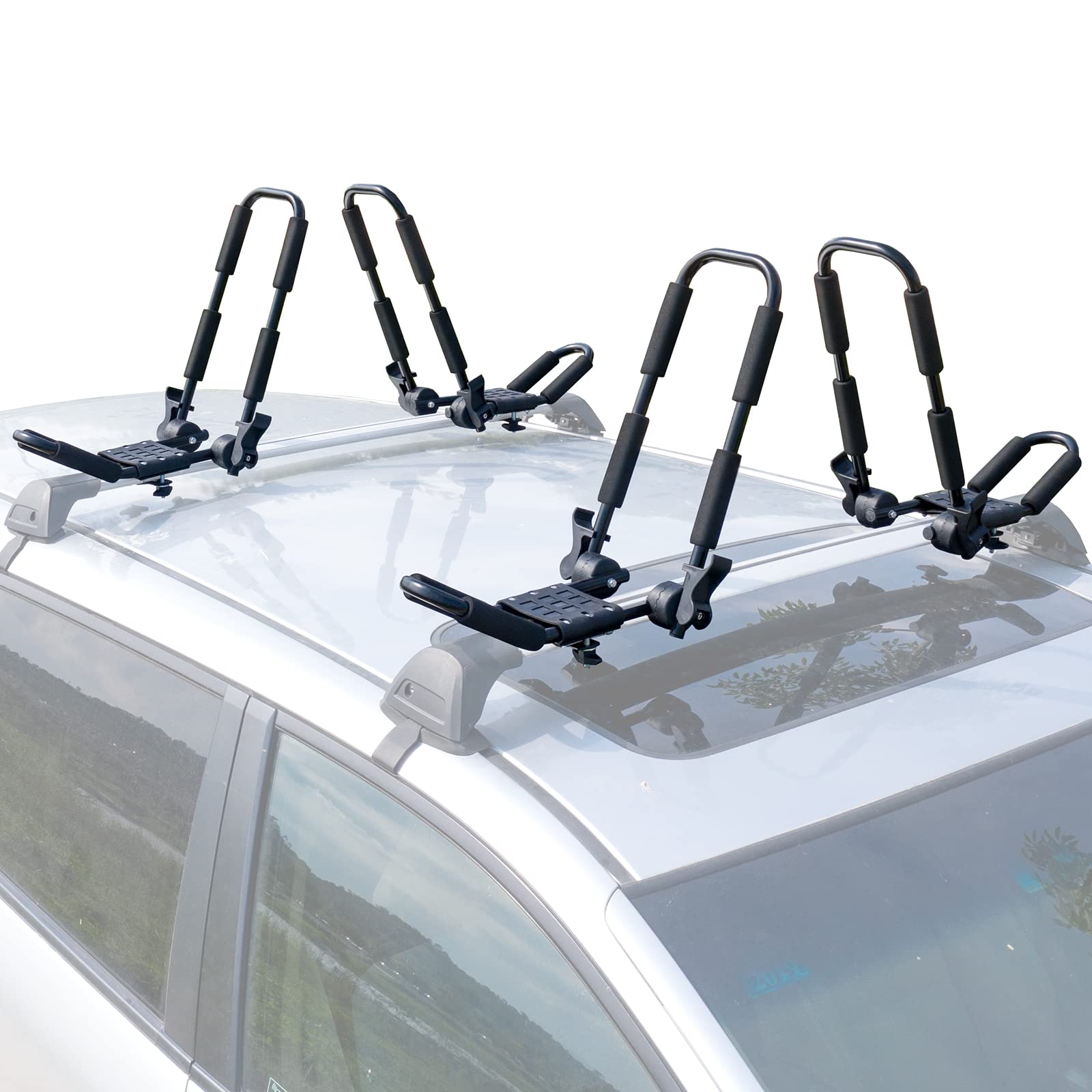 Leader Accessories Folding Kayak Rack 4 PCS/Set J Bar Car Roof Rack for Canoe Surf Board SUP On Roof Top Mount on SUV, Car and Truck Crossbar with 4 pcs Tie Down Straps - Smaller