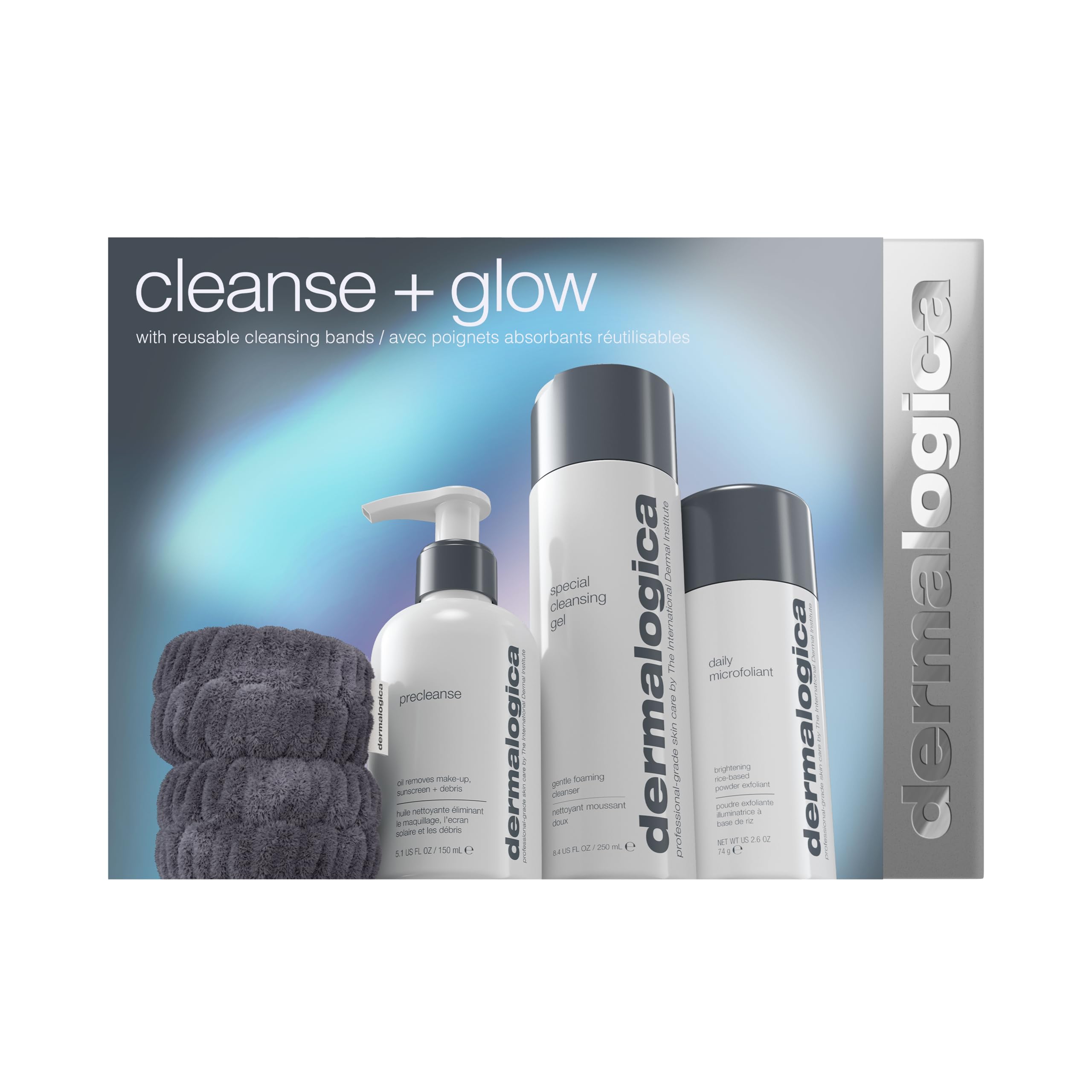 Dermalogica Cleanse + Glow Skin Care Set with Cleansing Bands Contains Cleansing Oil, Facial Cleansing Gel, Exfoliating Scrub, and Skincare Wristbands