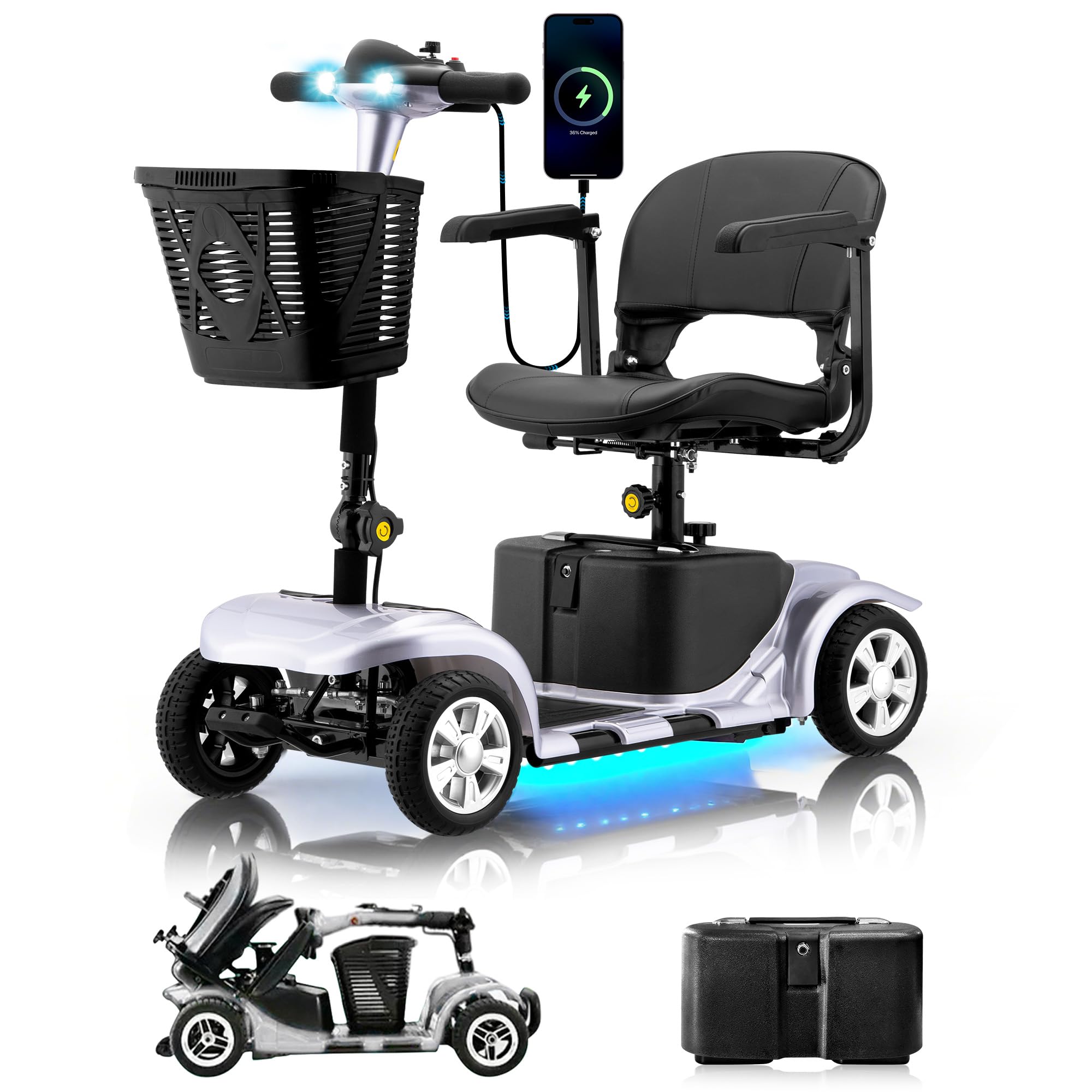 Mobility Scooter for Adults, Senior, 4 Wheels Electric Powered Chargeable Device for Travel, Lightweight and Portable, with LED Headlights and Basket, Charger Included, Red/Blue (Silver/Black)