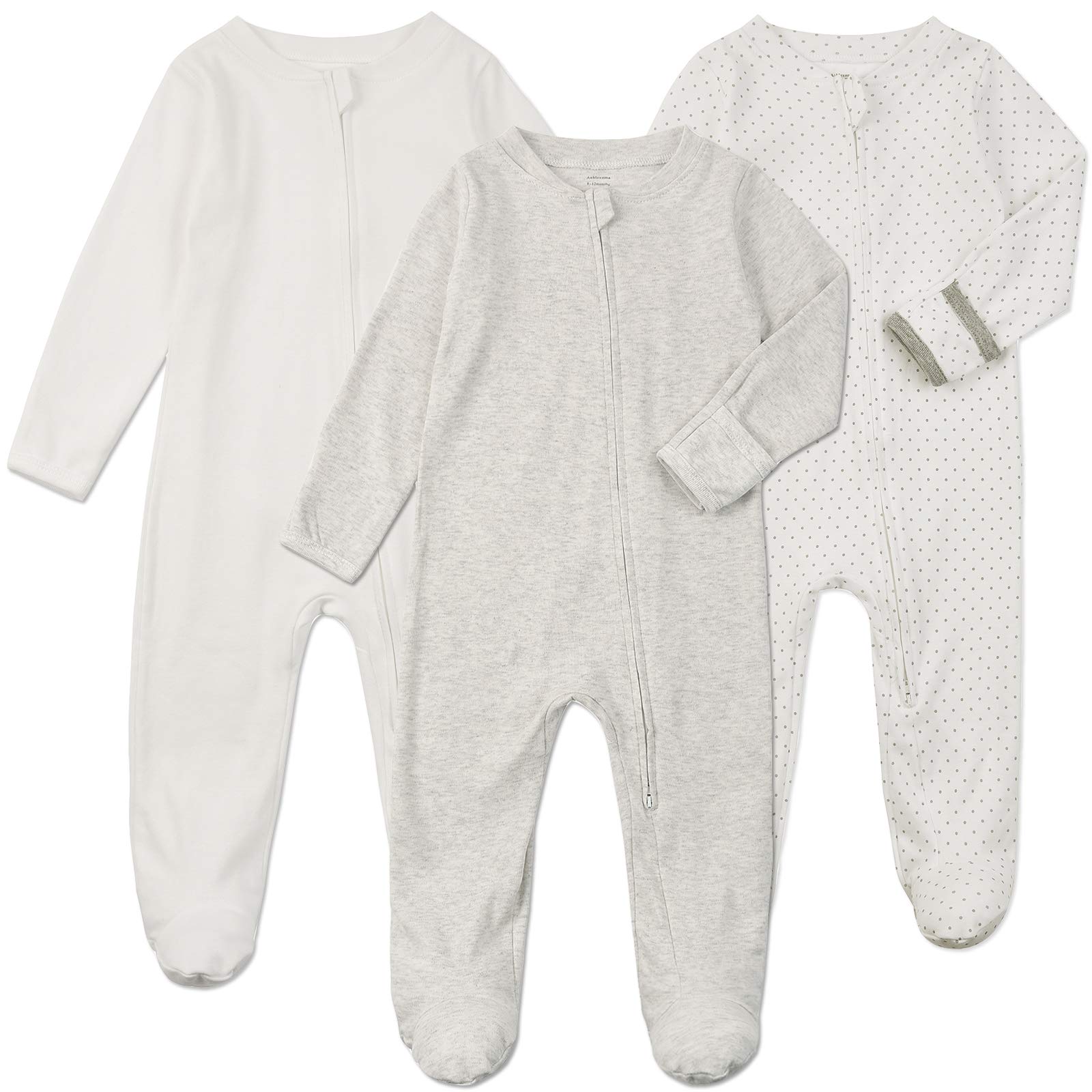 Aablexema Baby Footie Pajamas with Mittens - 3Pcs Infant Footed Sleeper Cotton Sleepwear Outfits(0-3m, White/Grey/Dot)