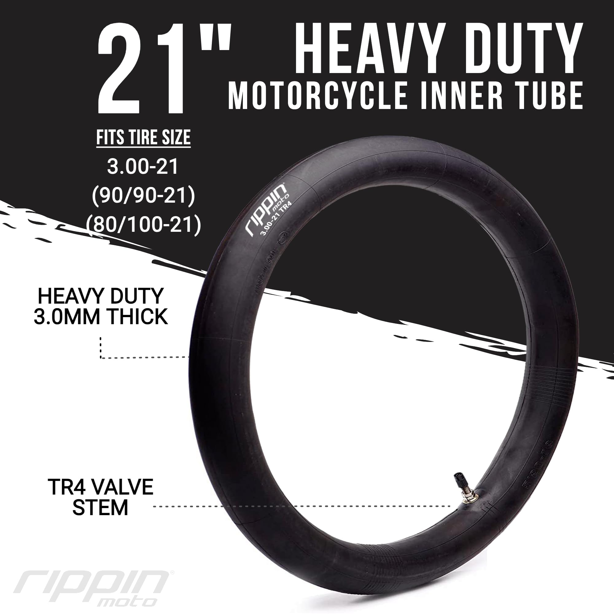 Rippin Moto 90/90-21 or 80/100-21 (3.00 X 21) Heavy Duty Motorcycle Tube - Premium 3MM Thick Natural Rubber - TR4 Valve - Fits Most 21" Motocross and Dirt Bike Tires (3.00-21)