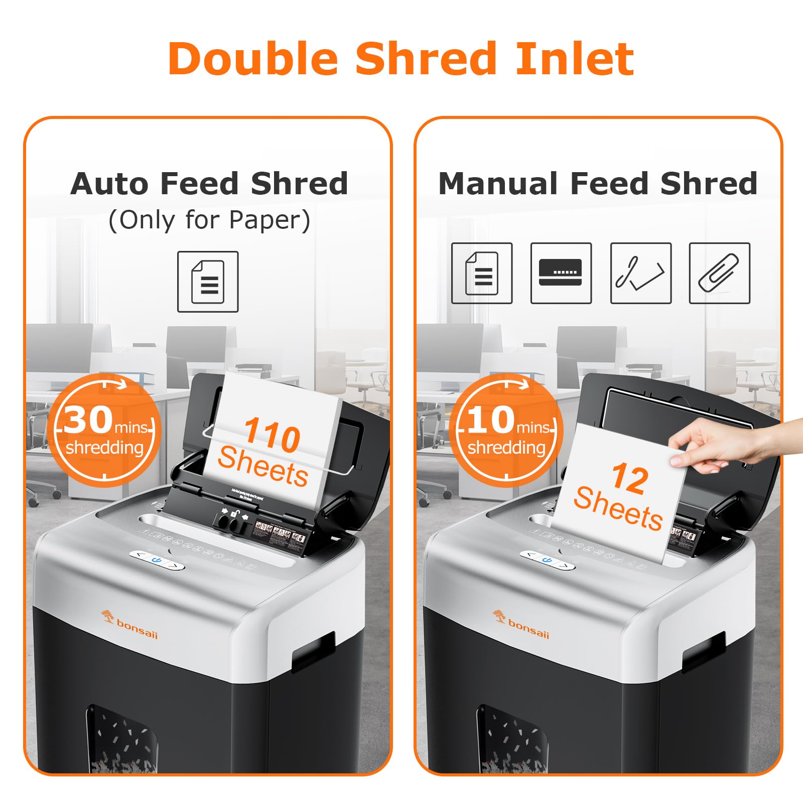 Bonsaii 110-Sheet Autofeed Paper Shredder, 30 Minutes Office Heavy Duty Shredder, Micro Cut P-4 Security Level Home Office Shredders with 6 Gallon Large Bin