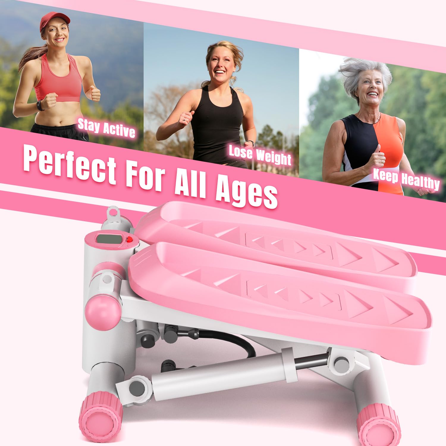 VitalLeap Steppers for Exercise at Home, Adjustable Resistance Stair Steppers for Women with Arm Training Bands, 10DB Super Quiet Mini Steppers with 350LBS Loading Bearing Home Fitness Equipment