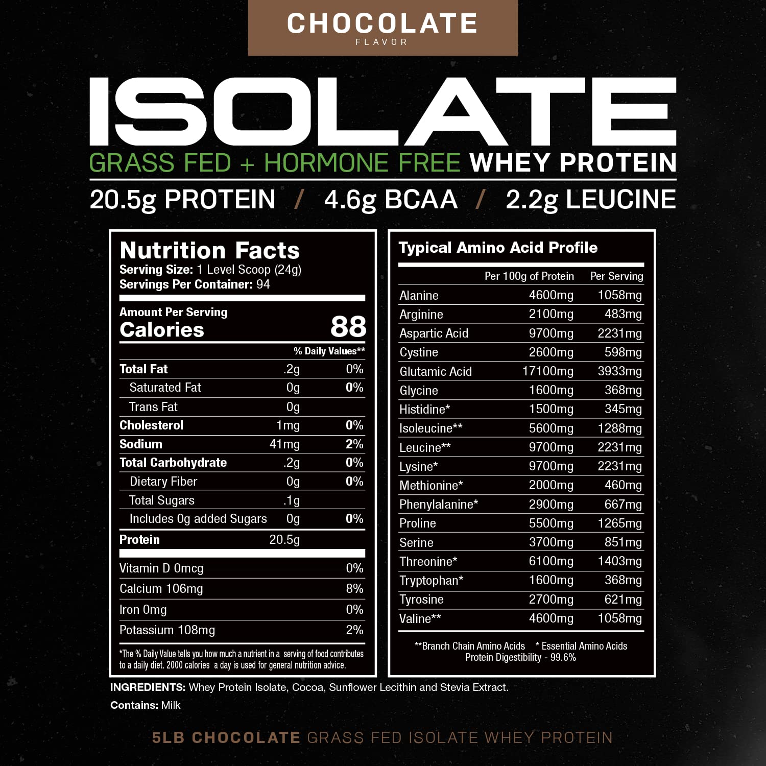 Muscle Feast Grass-Fed Whey Protein Isolate, All Natural Hormone Free Pasture Raised, Chocolate, 5lb (94 Servings)