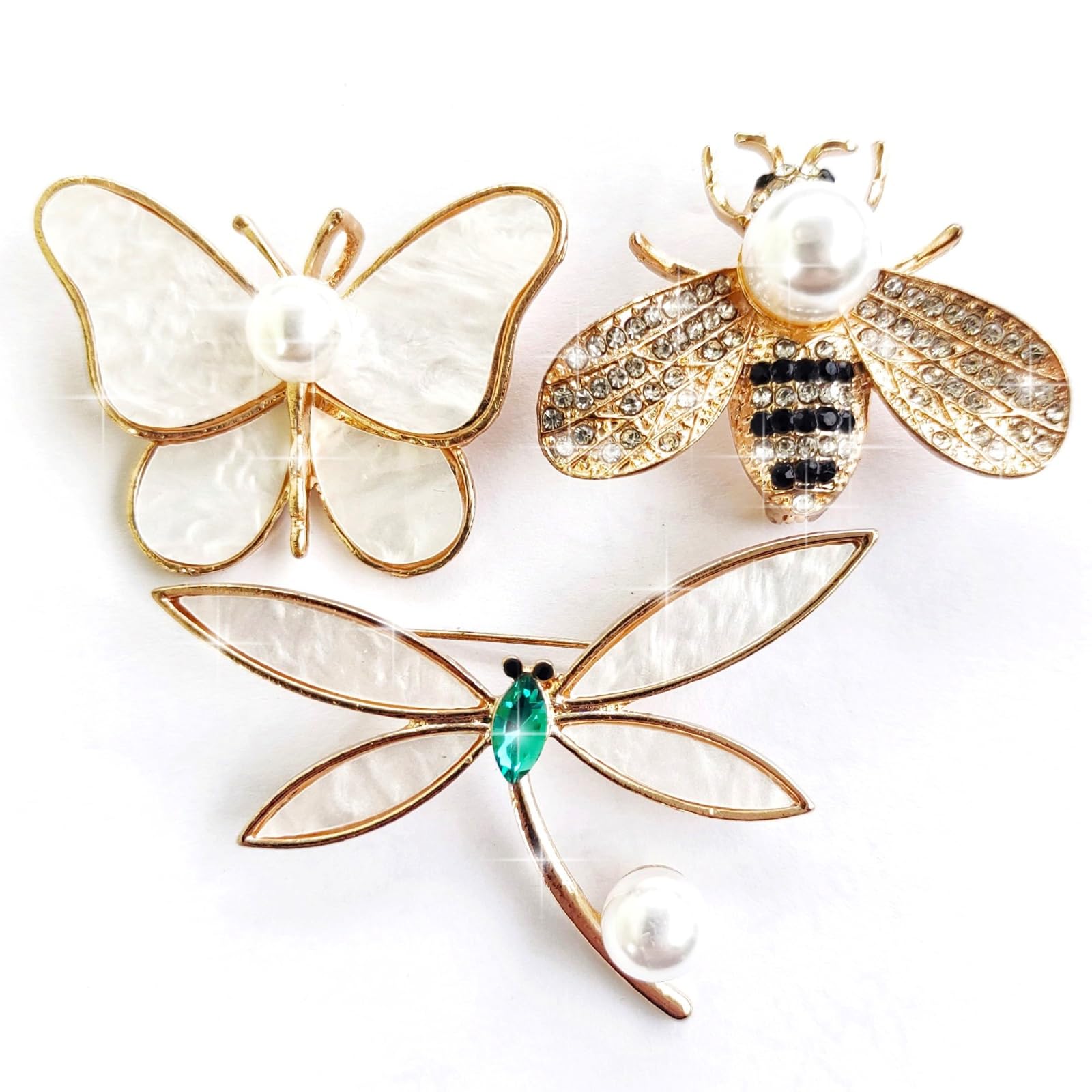 Obtwogo 3 Pieces Golden Pearl Brooches and Pins for Women - Insect Style for Hat Dress Bag Decoration - Anti Glare Pin for Deep v Dress - Elegant Gift for Friends and Teachers