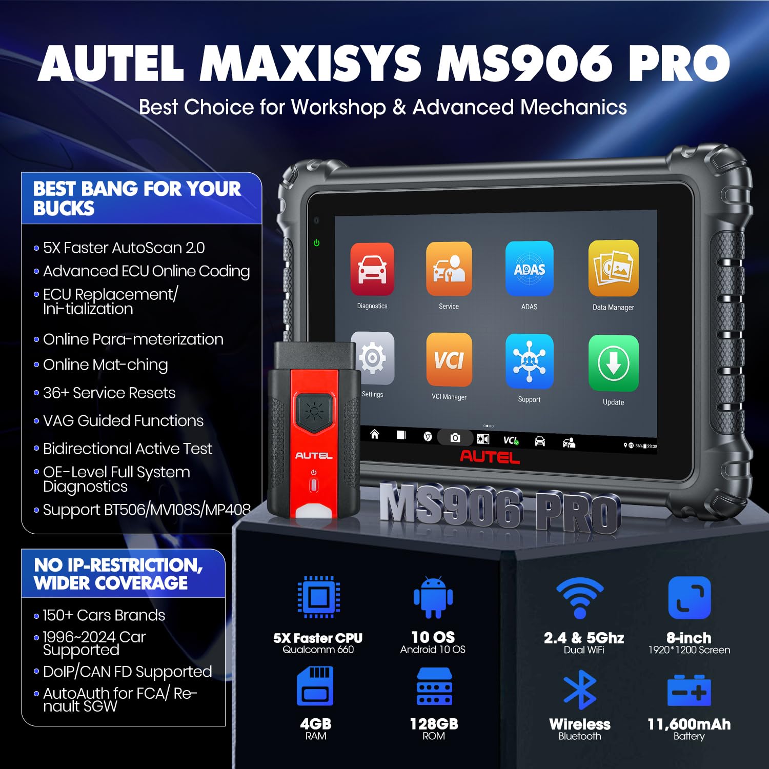 Autel MaxiSys MS906 PRO Scanner, 2024 5X Faster MS906Pro Advanced ECU Coding Upgrade of MS906BT MK908, DoIP & CAN FD, 36+ Service, 3000+ Active Tests, Auto Scan 2.0, 4G/128G, FCA Autoauth