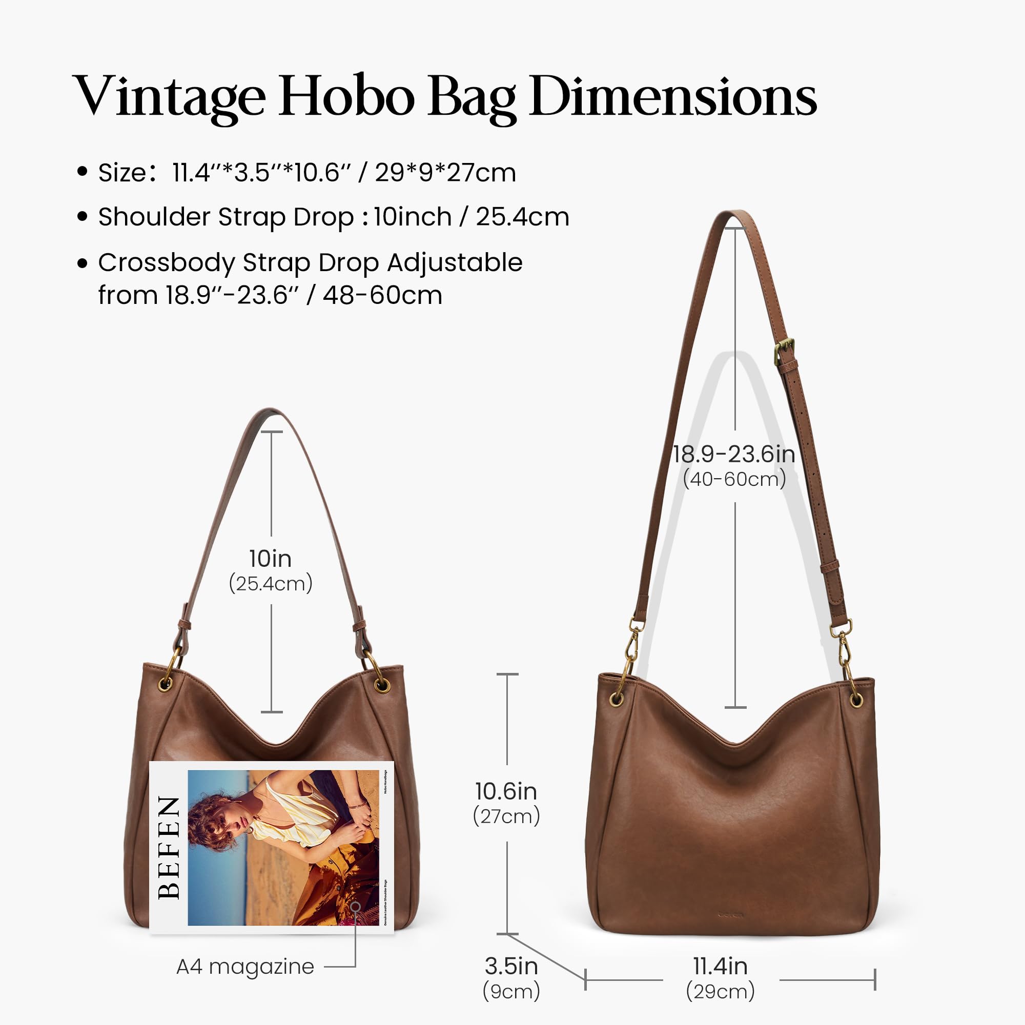 befen Genuine Leather Crossbody Bags for Women, Brown Leather Hobo Bags Vintage Crossbody Purse Designer Leather Shoulder Bags with 2 Detachable Straps Trendy Soft Womens Shoulder Handbags for Travel