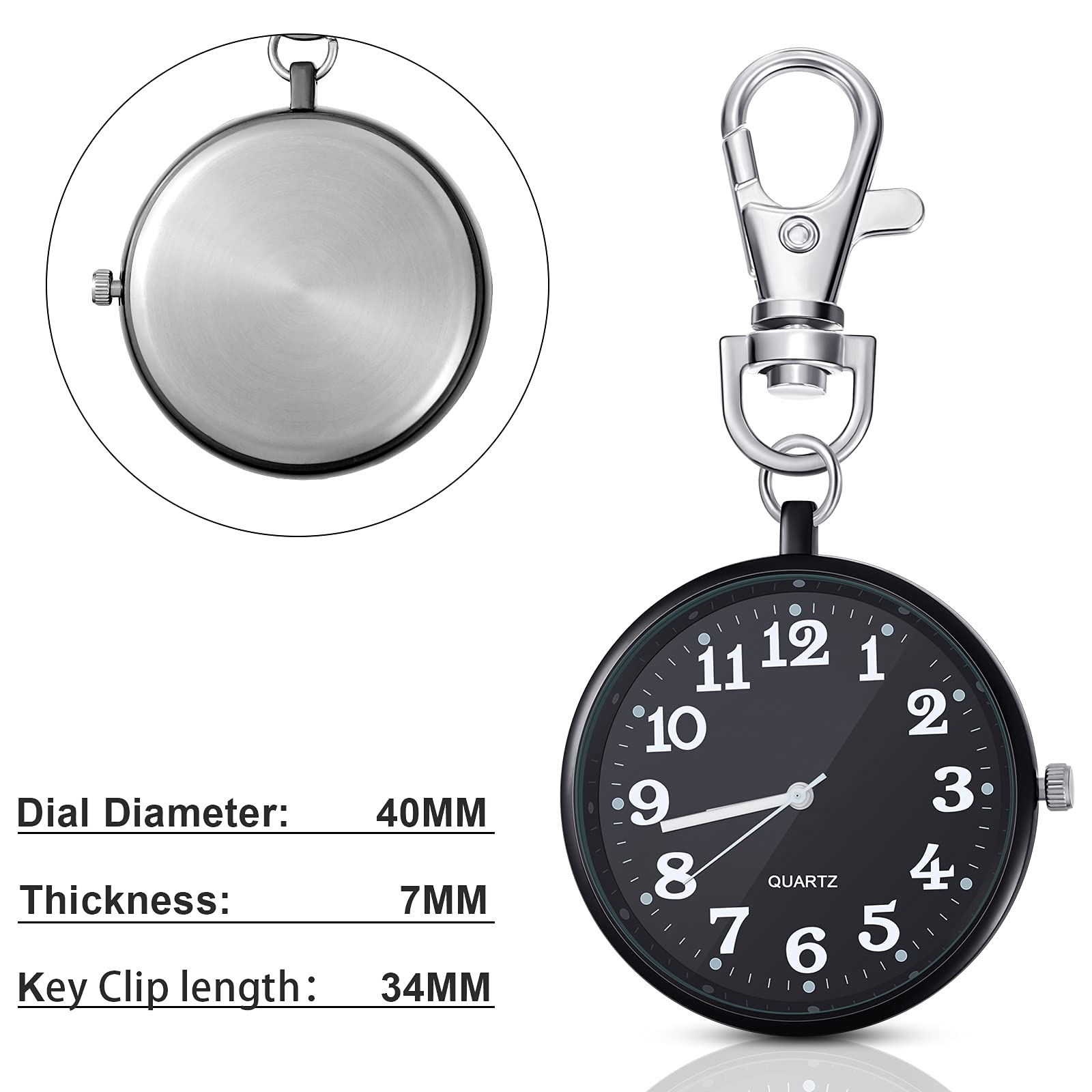 2 Pieces Quartz Pocket Watch with Key Buckle Round Pocket Watch Keychain Watch Portable Unisex Watch (Black)