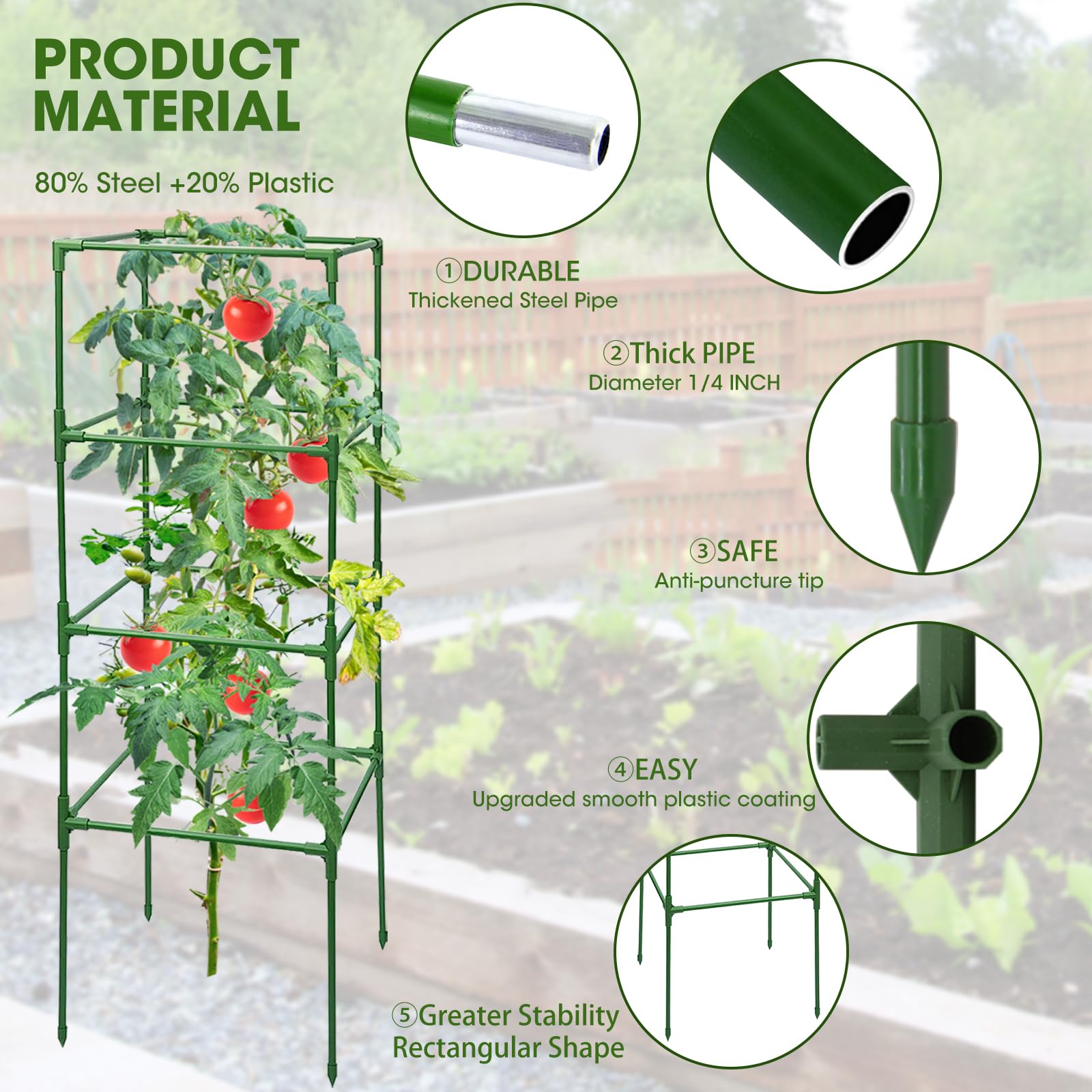 MQHUAYU 3 pack Tomato Cages, Square Tomato Plant Stakes Support Cages Trellis for Garden Climbing Vegetables Flowers Fruits (3 Pack - Extra Bold)