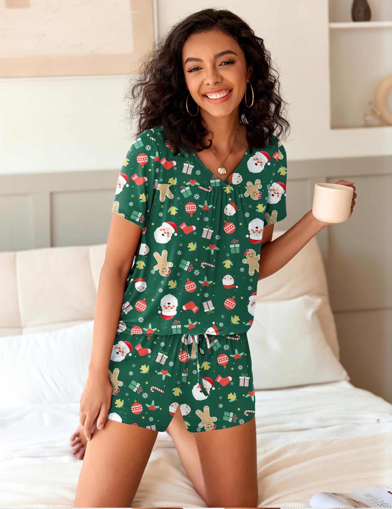 Avidlove Pajamas Set Womens Short Sleeve Loungewear Sleepwear 2 Piece PJ Sets Green Christmas M