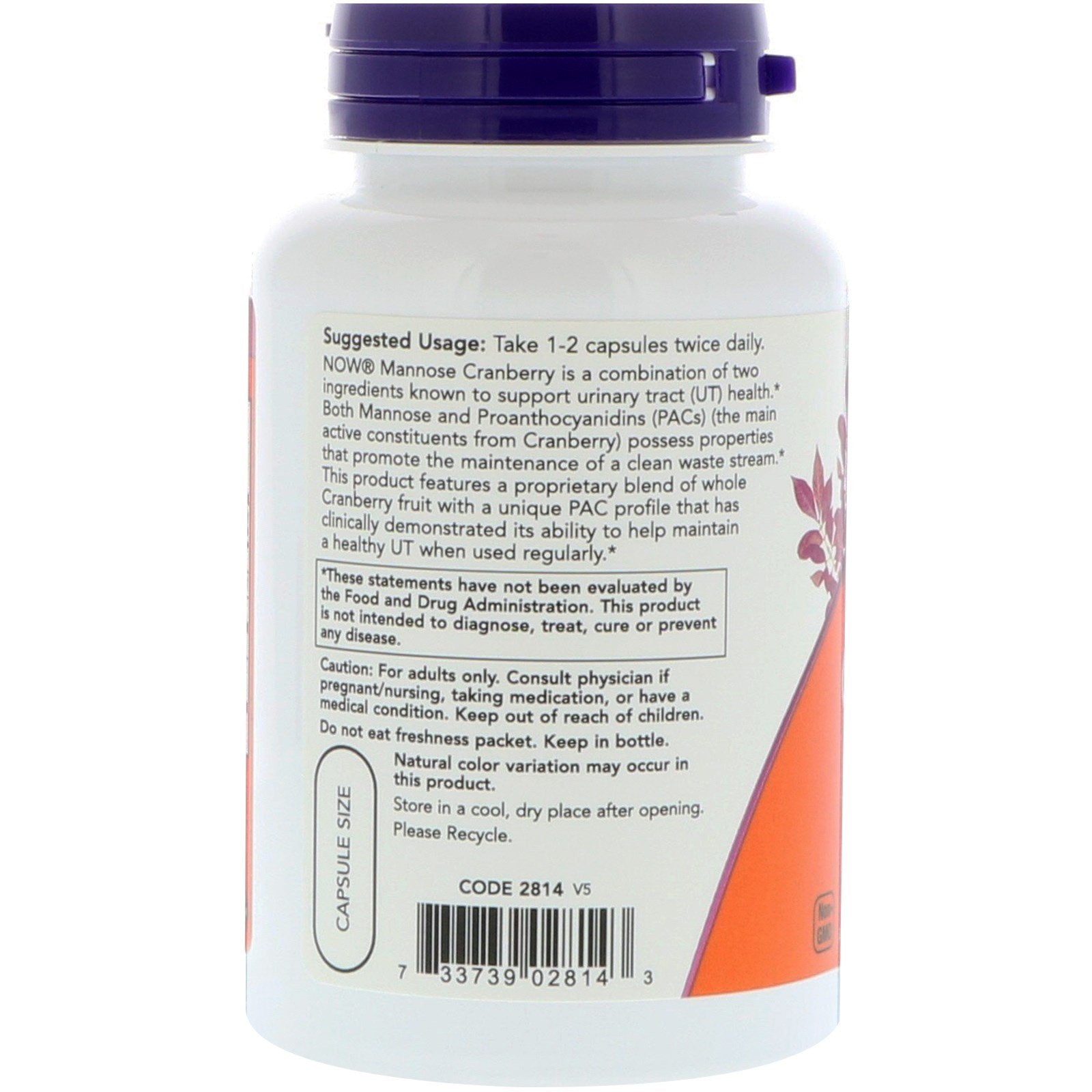 NOW Supplements, Mannose Cranberry, Dual Action Formula*, Clinically Evaluated, Urinary Tract Health*, 90 Veg Capsules