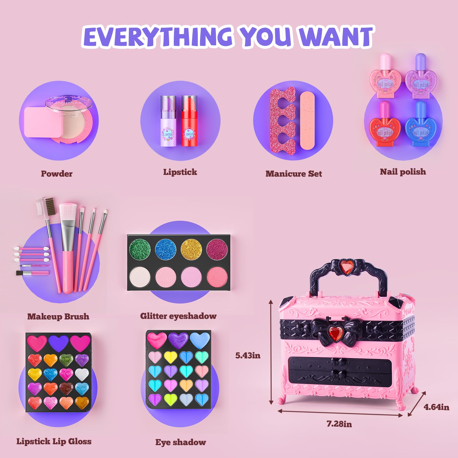 Kids Makeup Kit for Girl - 66pcs Real Makeup for Kids Girls Toys, Washable Girls Makeup Kit, Non Toxic Kids Makeup Brithday for Girls Toddlers 3 4 5 6 7 8 9 10 12 Year Old