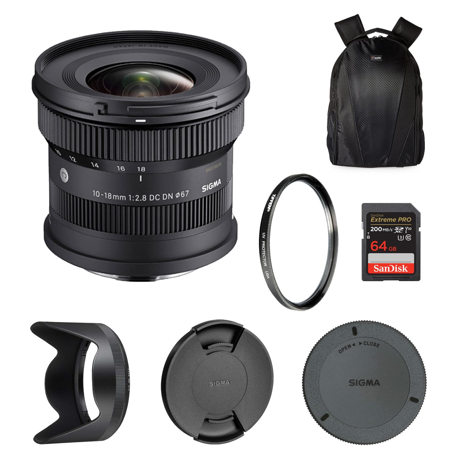 Sigma 10-18mm F2.8 DC DN Contemporary Lens for Sony E | Ultra Wide-Angle Zoom with Tiffen 67mm UV Protector Filter, Waith Camera Backpack and 64GB Extreme PRO UHS-I SDXC Memory Card (Bundle Set)