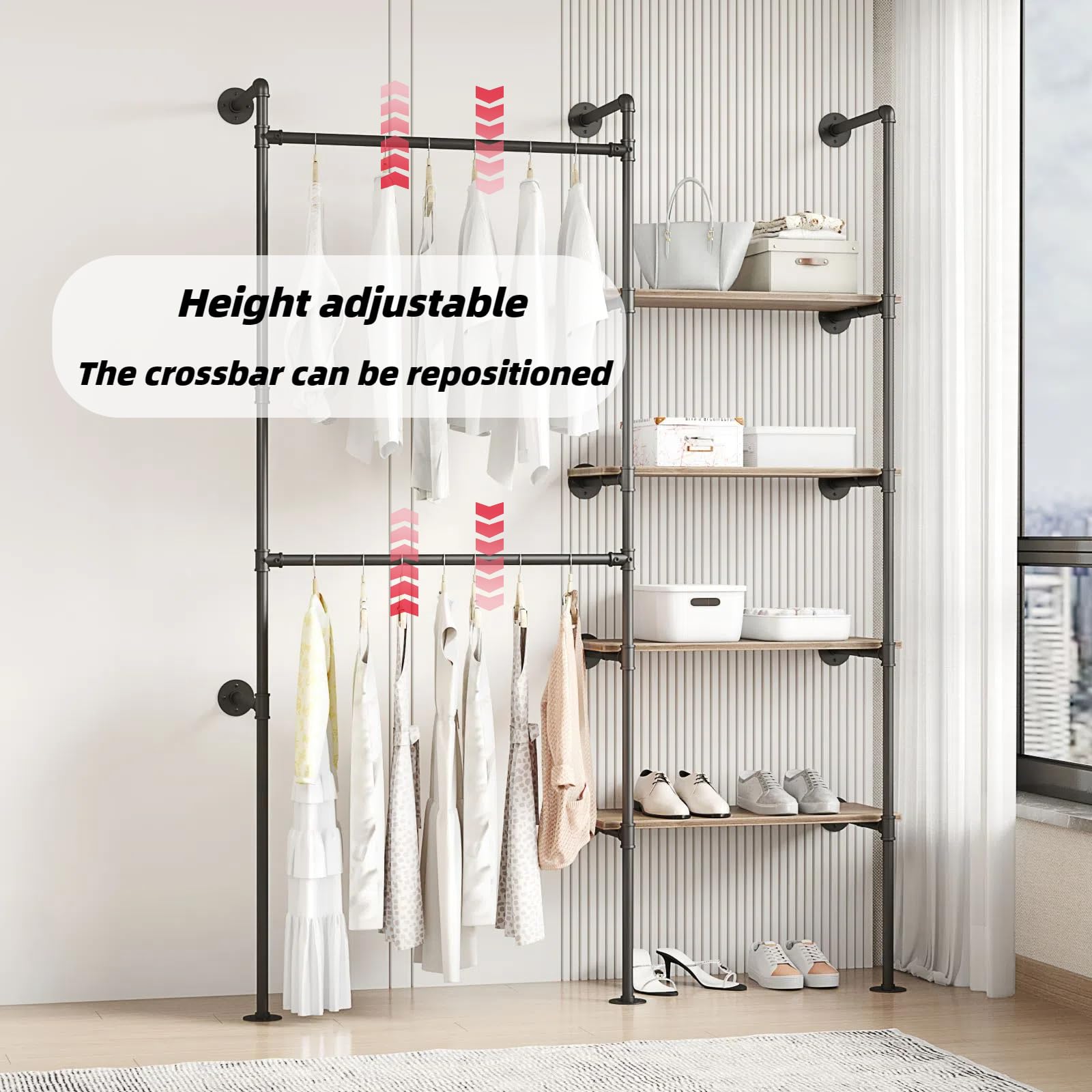 Woskar Industrial Pipe Clothing Rack, Hanging Rods Clothes Rack with Shelves, Clothes Rack for Wardrobe, Corner Closet System for Walk in Closets (Black, II-4Tier)