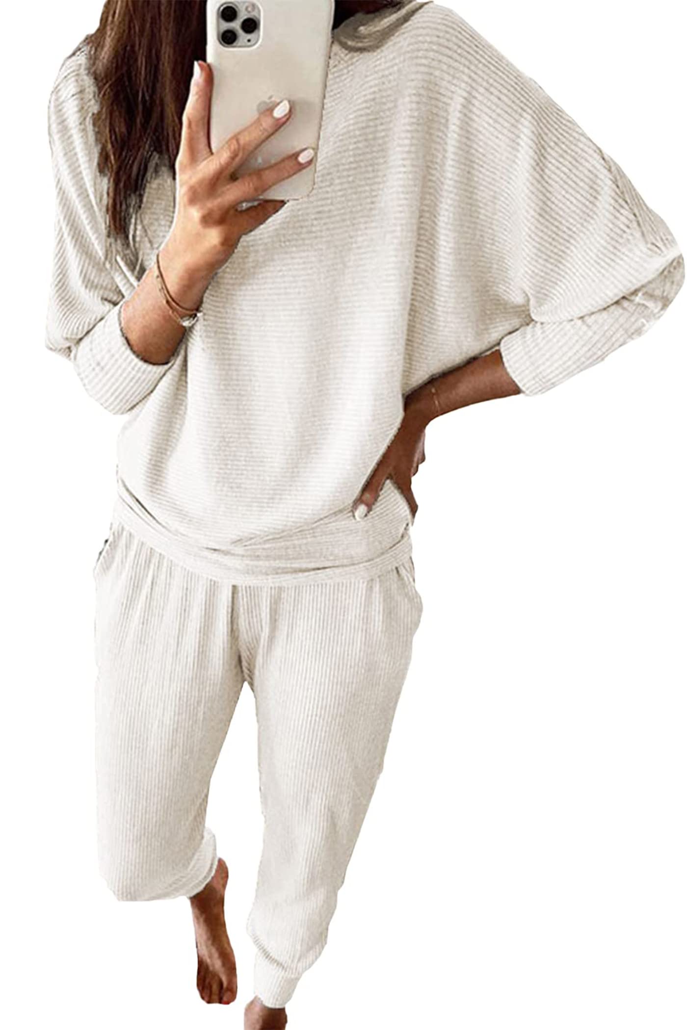 PRETTYGARDEN Women's Fall Fashion Outfits 2 Piece Sweatsuit Solid Color Long Sleeve Pullover Long Pants Lounge Set (Off-white,X-Large)