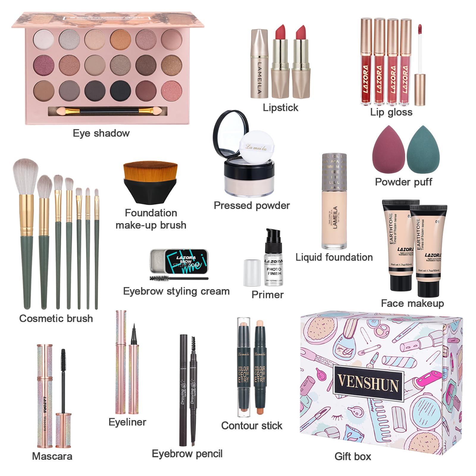 All in One Makeup Kit for Women Full Set Girl Makeup Gift Set Makeup Essentials Set Includes Foundation 18 Color Eyeshadow Palette Lipstick Eyebrow Pencil Makeup Gift Set