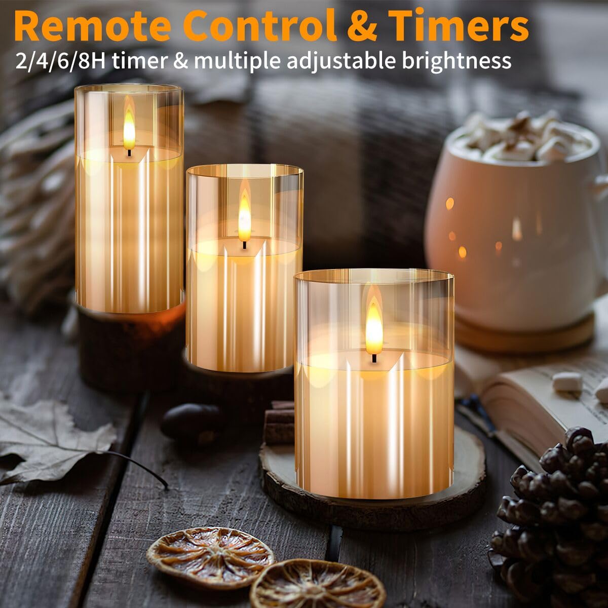 Gold Glass Flameless Candles Flickering with Remote, Timer, Battery Operated Moving Wick Realistic Warm Light Real Wax LED Candles for Party, Wedding, Festival Tabletop Decoration - Set of 3