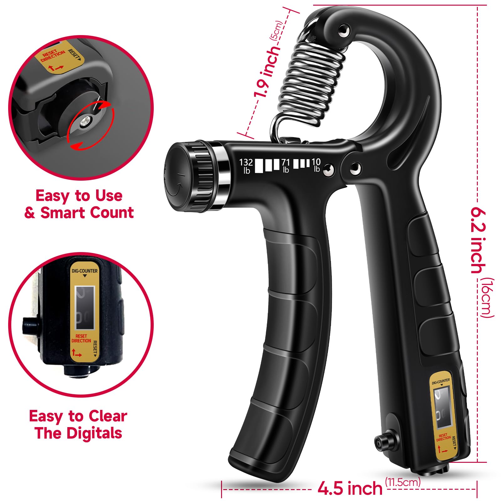 FitBeast Hand Grip Strengthener Workout Kit (5 Pack) - 2 Forearm Adjustable Resistance Grippers, Finger Stretcher, Ring & Stress Relief Ball for Athletes (Black)