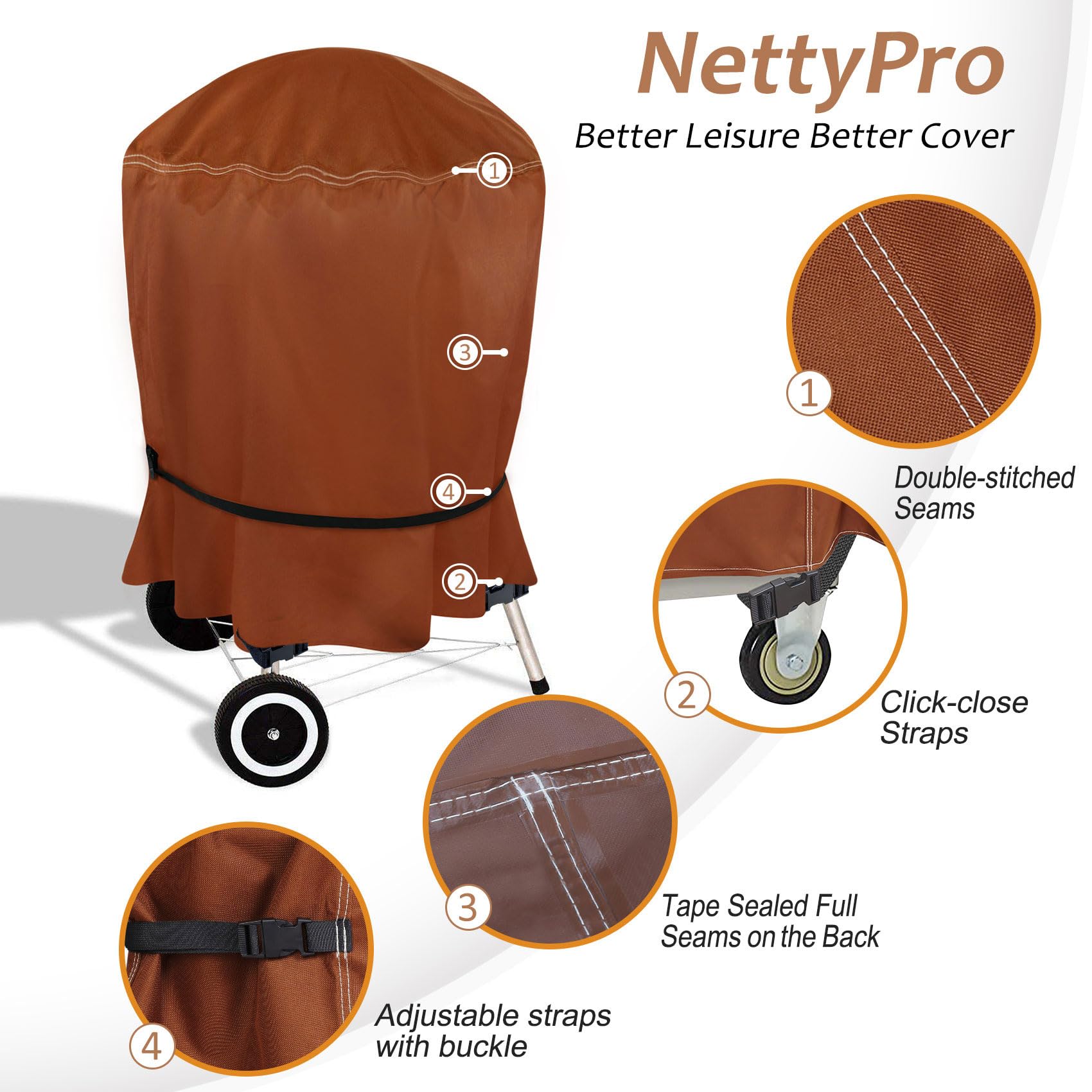 NettyPro Grill Cover for Charcoal Kettle Grill 22 inch, Heavy Duty Waterproof Outdoor Round Smoker Cover, 27" W x 25" D x 35" H, Brown