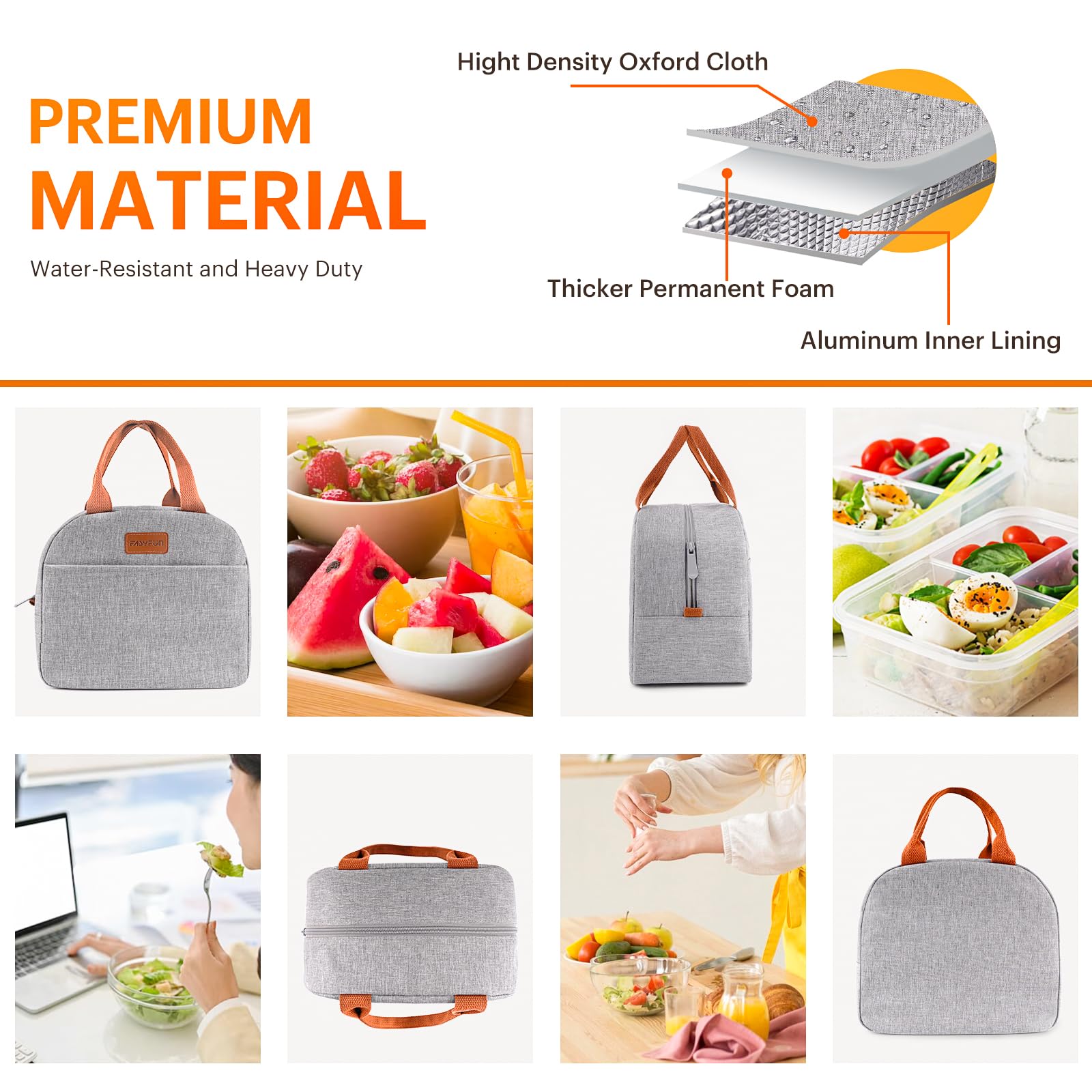 Lunch Bag for Women & Men Adult Insulated Lunch Box, Small Leakproof Cooler Food Lunch Containers Reusable High Capacity Lunch Tote Bags for Work, Travel, Outdoor (Grey)