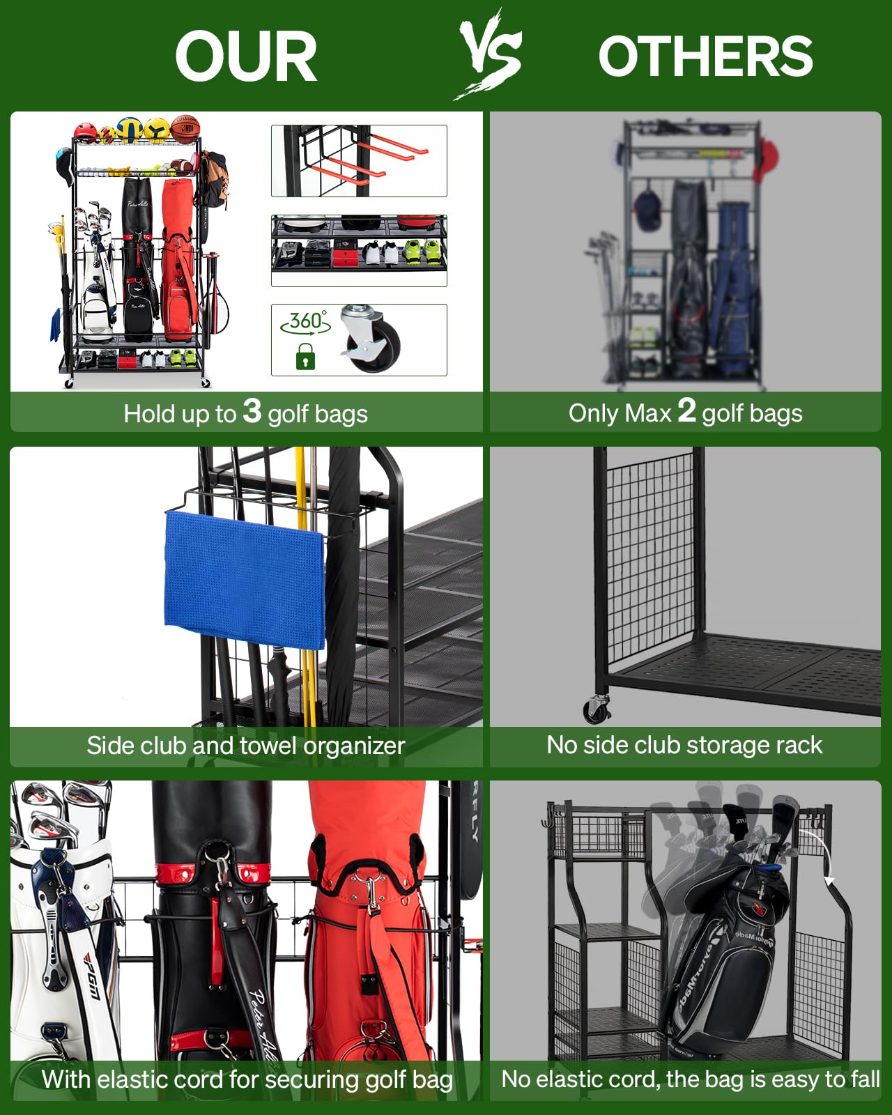 FHXZH Golf Bag Storage Garage Organizer, 3 Golf Bag Stand and Sports Equipment Storage Rack for Garage with Wheels, 4 Hooks, Golf Accessories Storage Rack with Extra Golf Clubs Display Rack