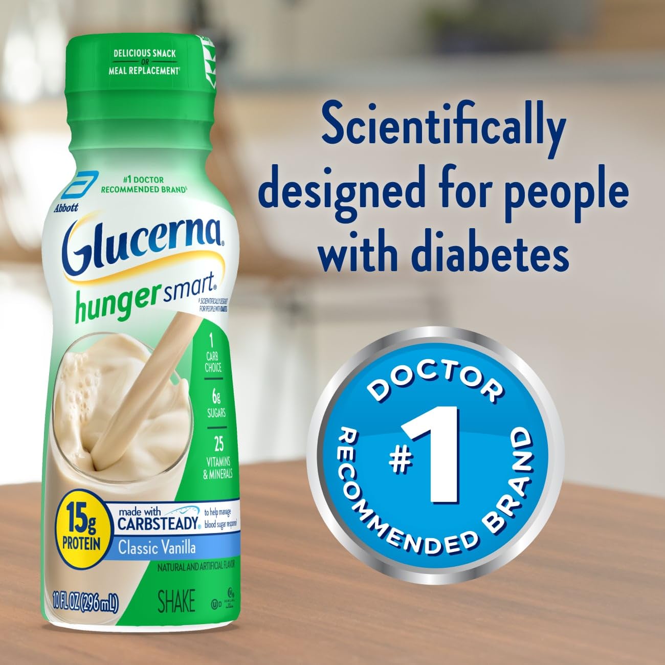 Glucerna Hunger Smart Shake, Diabetic Drink to Support Blood Sugar Management, 15g Protein, 180 Calories, Classic Vanilla, 10-fl-oz Bottle, 24 Count