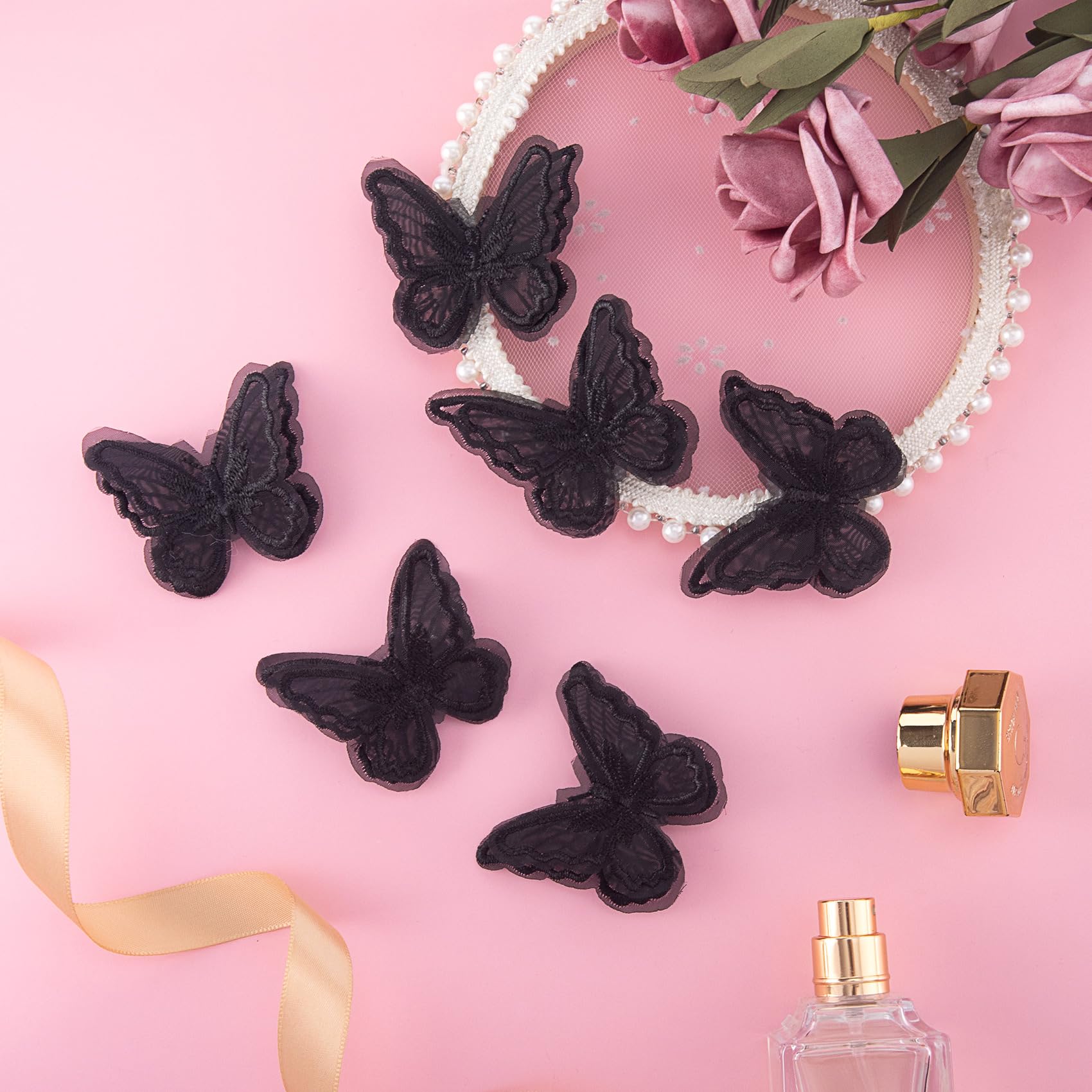 Pndeyo 10pcs Butterfly Hair Clips for Women, Non-Slip Embroidery Butterfly Hair Pins, Double-Layer Lace Butterflies Hair Barrettes Accessories for Long Short Curly Wavy Straight Hair- Black