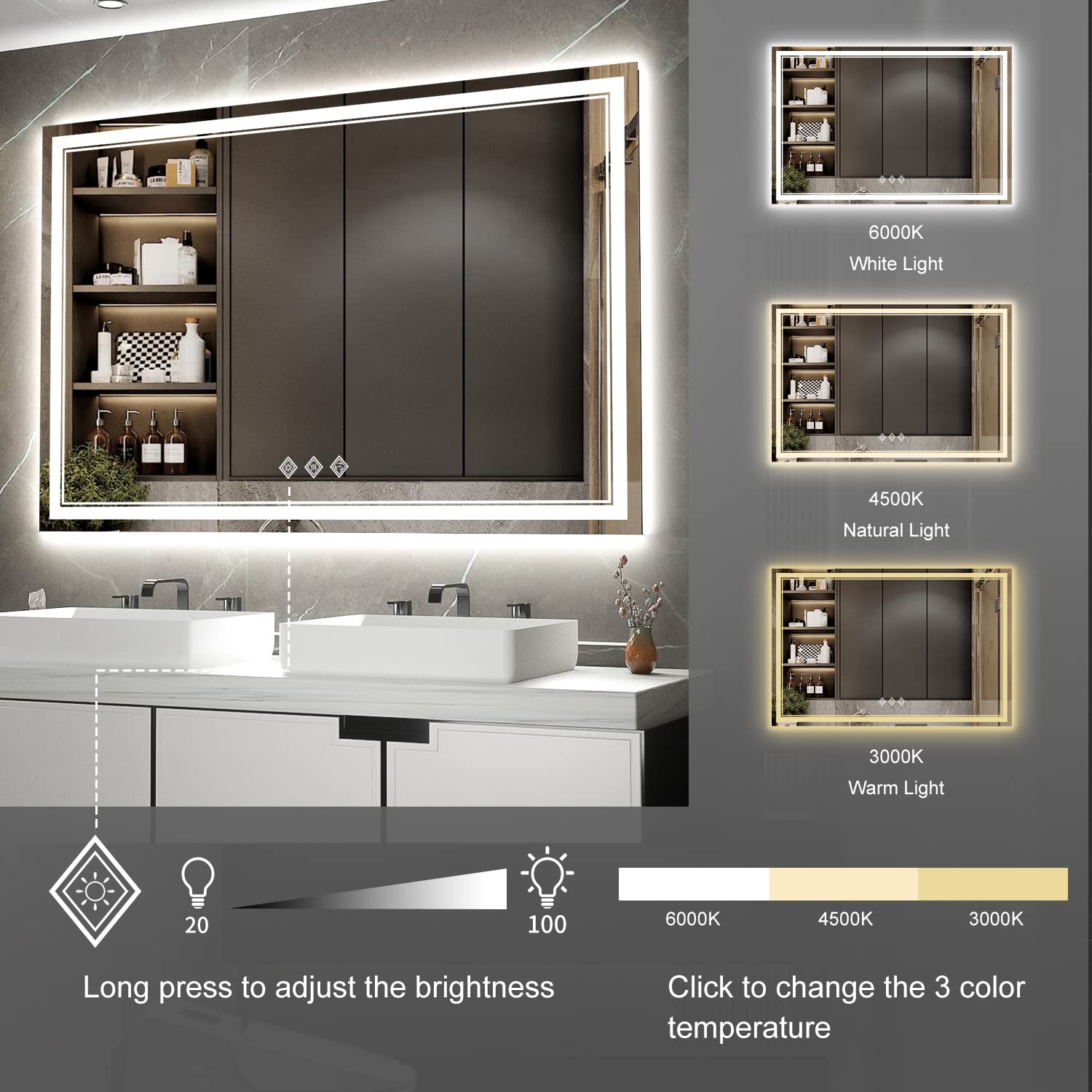 VanPokins Bathroom Mirror with Lights, 60x40 Inch Gradient Front and Backlit Mirror, 3 Colors Dimmable CRI>90 Double Lights, IP54 Enhanced Anti-Fog, Hanging Plates Wall Mount Lighted Bathroom Mirror