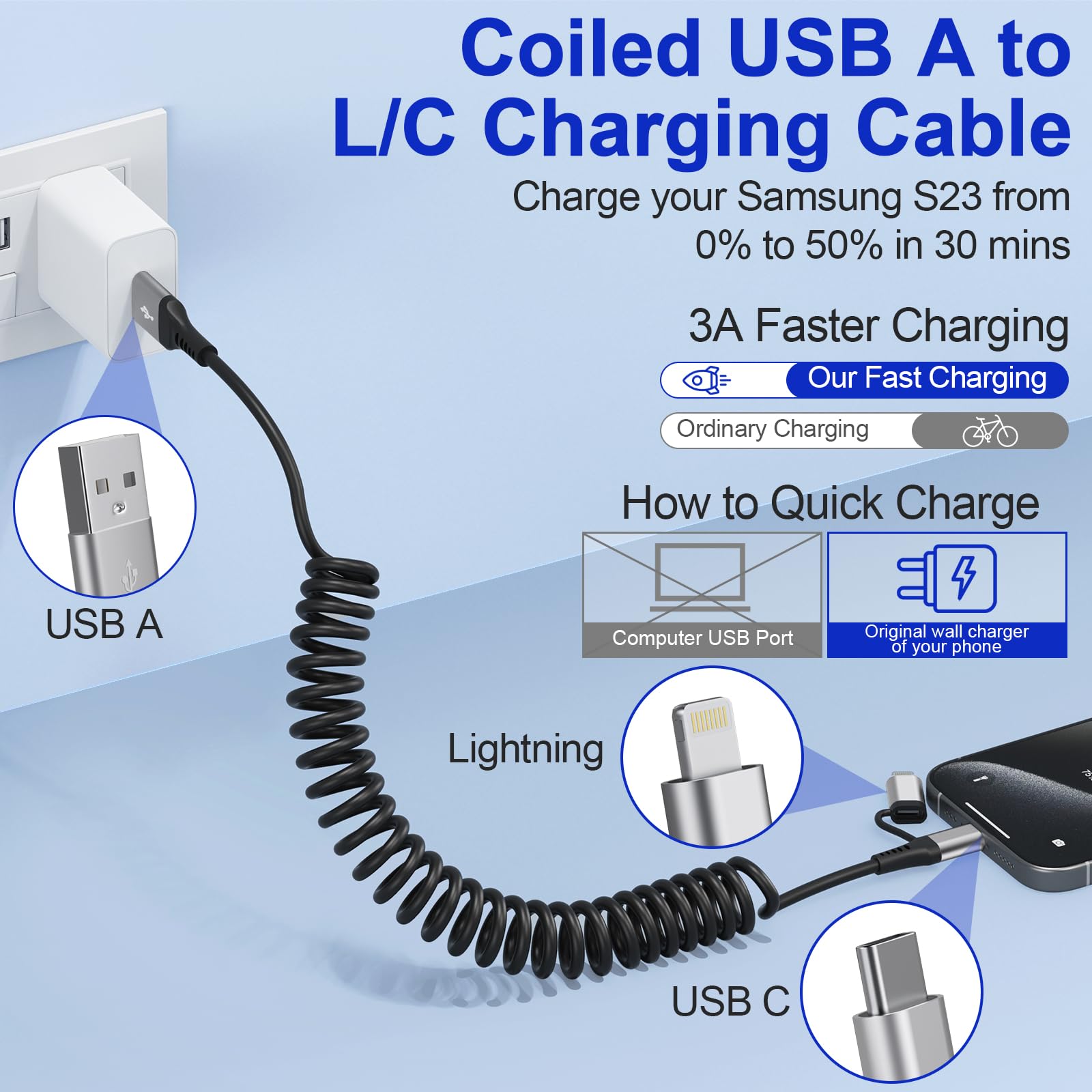 USB to USB-C and Lightning Cable Combo, 2 in 1 Coiled iPhone Charger Cable Apple Carplay & Android Auto, [MFi & 3A Fast Charge] Retractable Lightning and USB C Cable Cord for iPhone 16/15/14/Android