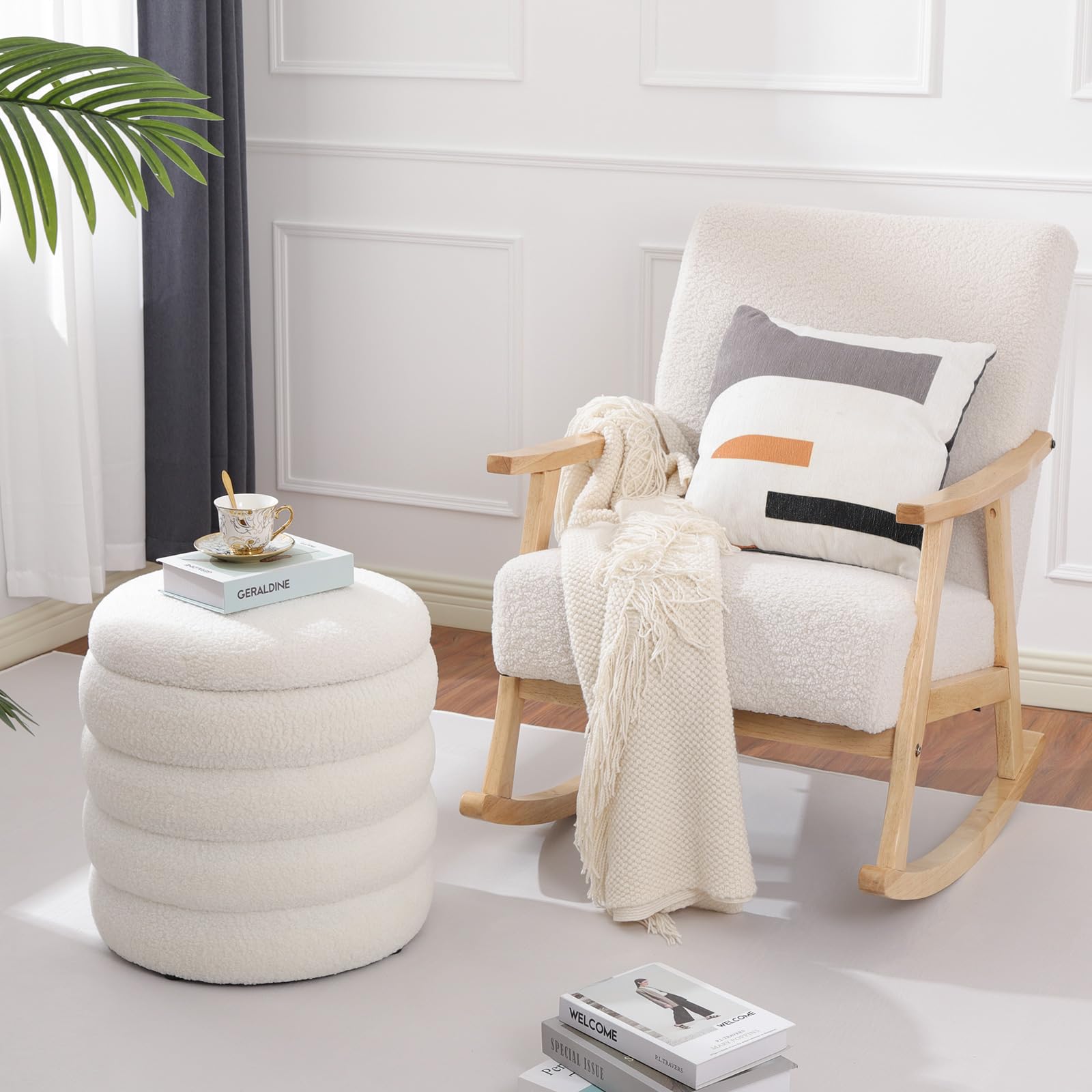 Dolift Teddy Sherpa Round Ottoman with Storage, Modern Upholstered Vanity Stool Foot Rest, Small White Boucle Storage Ottoman for Bedroom, Living Room, Entryway, Dorm