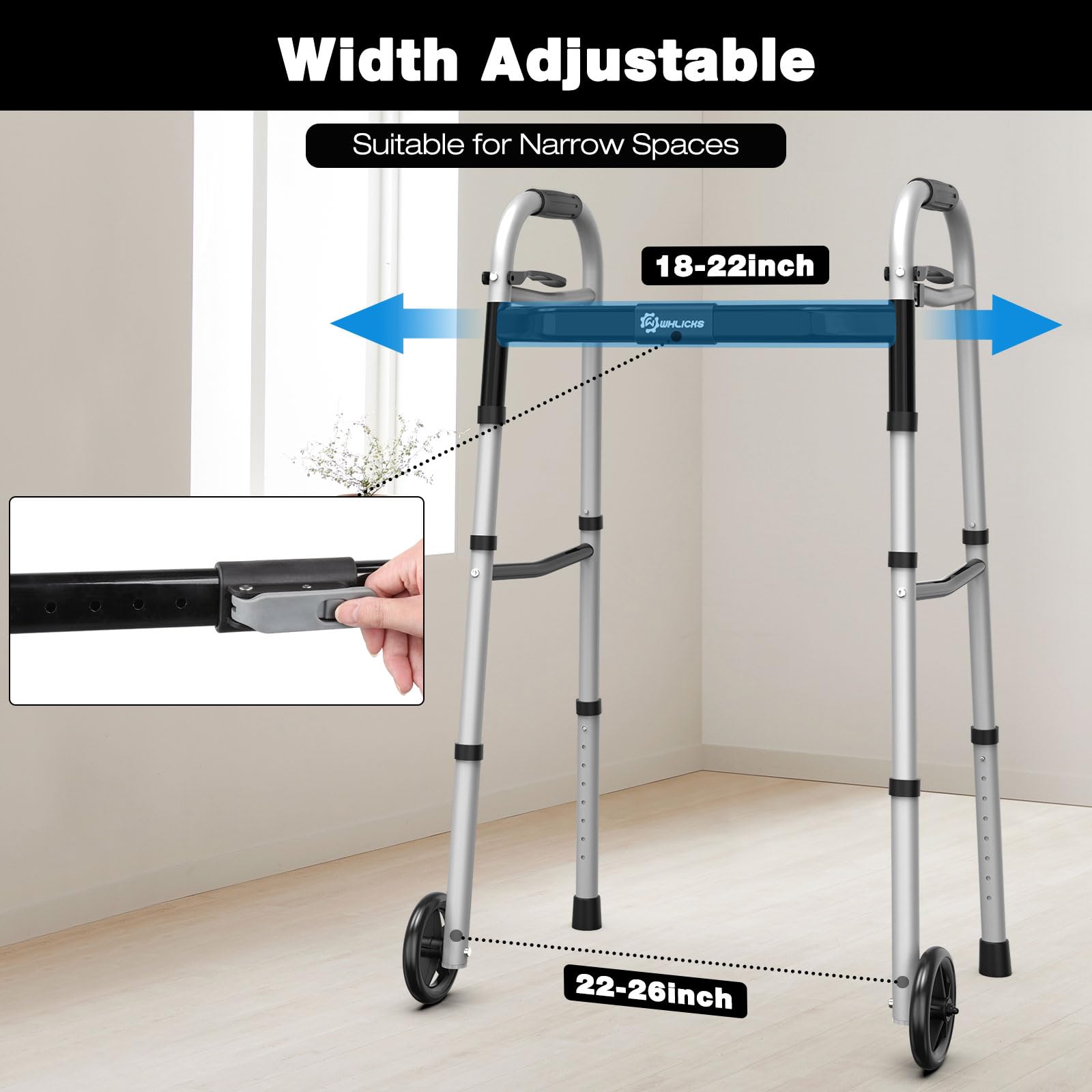 Whlicks Narrow Folding Walkers for Seniors,Aluminum Lightweight Walkers with Wheels, Adjustable Width and Height Front Wheel Walker for Elderly and Disabled, Supports up to 350 lbs