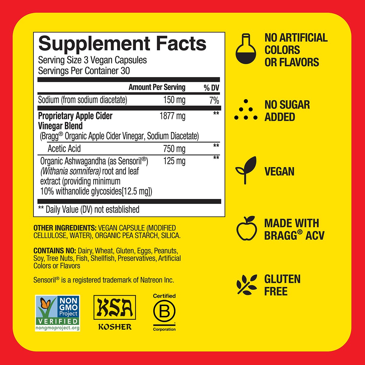 Bragg Daily Balance Apple Cider Vinegar and Sensoril Ashwagandha Capsules - 750mg of Acetic Acid – Energy & Weight Management Support - (90 Pills)