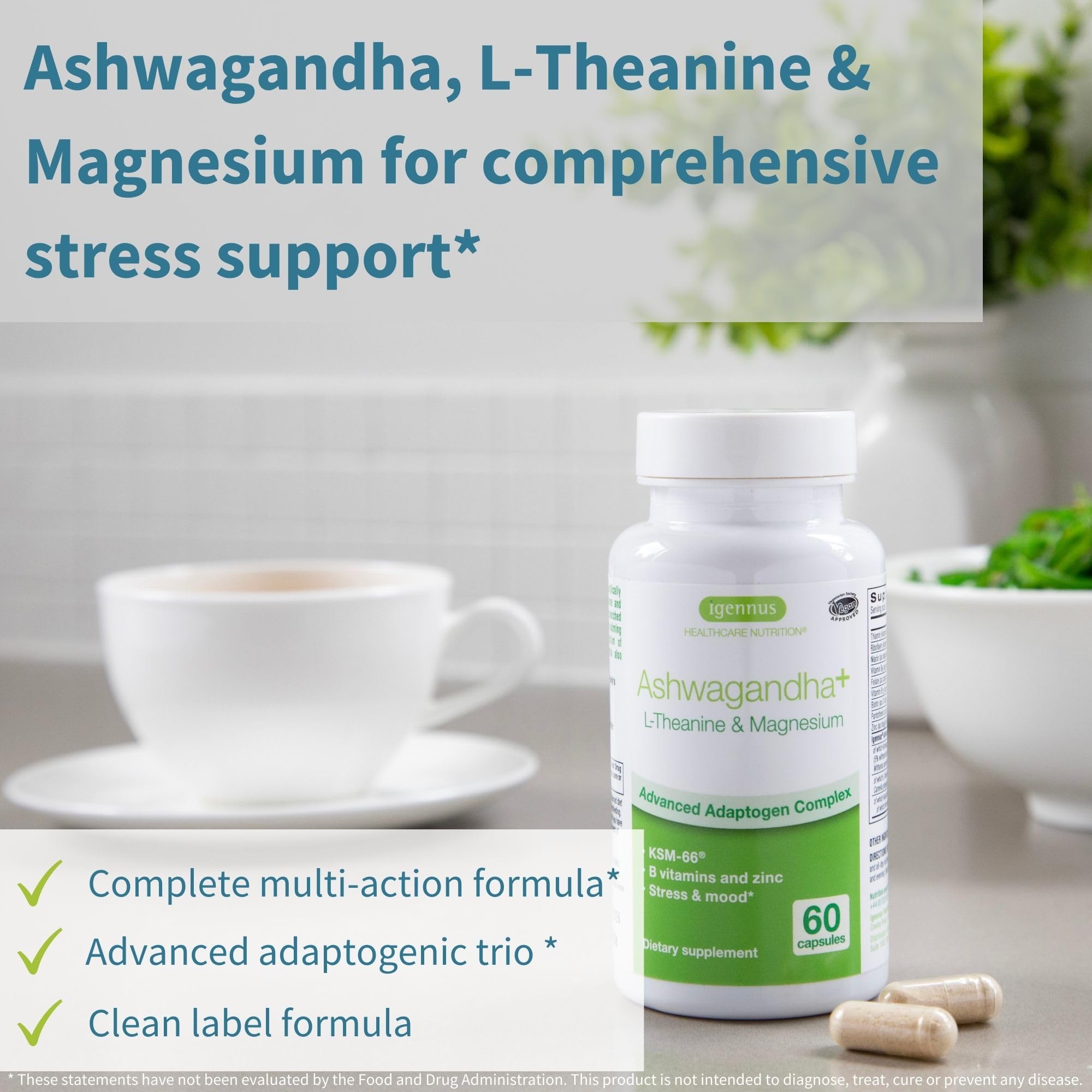 Advanced Ashwagandha KSM-66, L-Theanine & Magnesium, Clean Label, Multi Action Adaptogen Complex for Stress Support with Zinc & B Vitamins, 60 Vegan Capsules, by Igennus