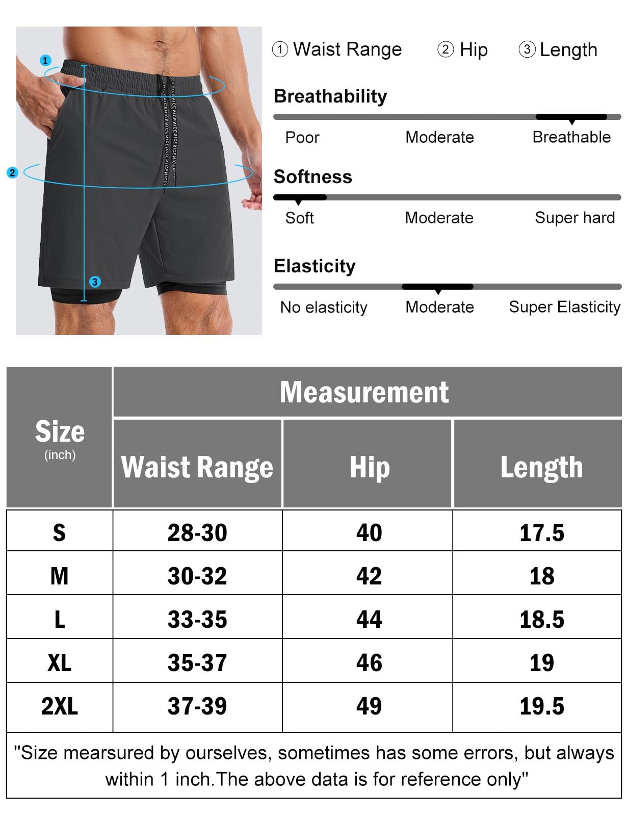 Aolesy Men’s 2 in 1 Running Shorts 7 Inch Quick Dry Workout Gym Shorts with Pockets Tennis Training Athletic Shorts with Liner for Men Dark Grey