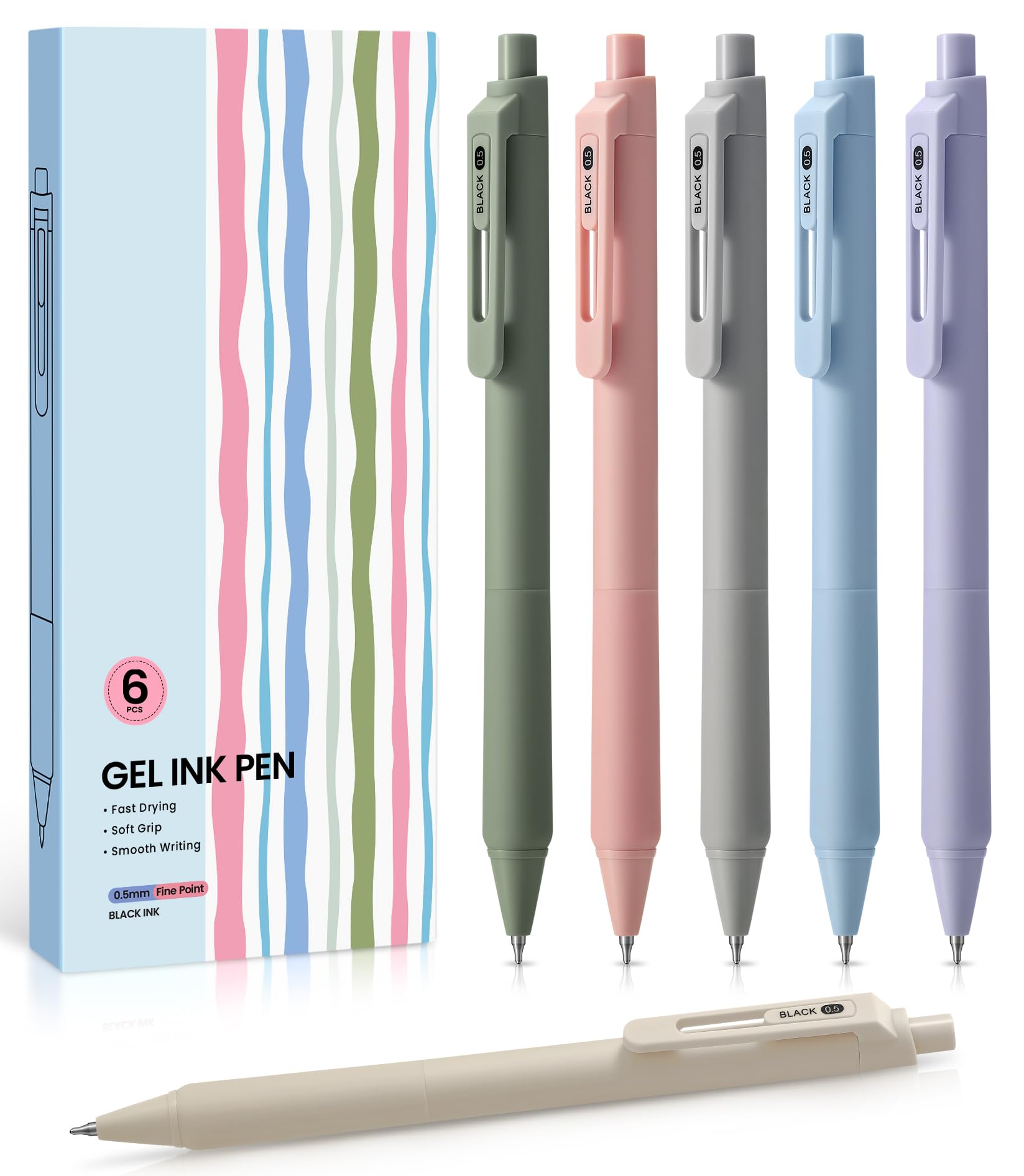 Gel Pens, 6 Pcs Cute 0.5mm Fine Point Smooth Writing Pens, Quick Dry Black Gel Ink Pens for Journaling and Note Taking, Aesthetic Pens for Office School & Home Supplies-Pastel