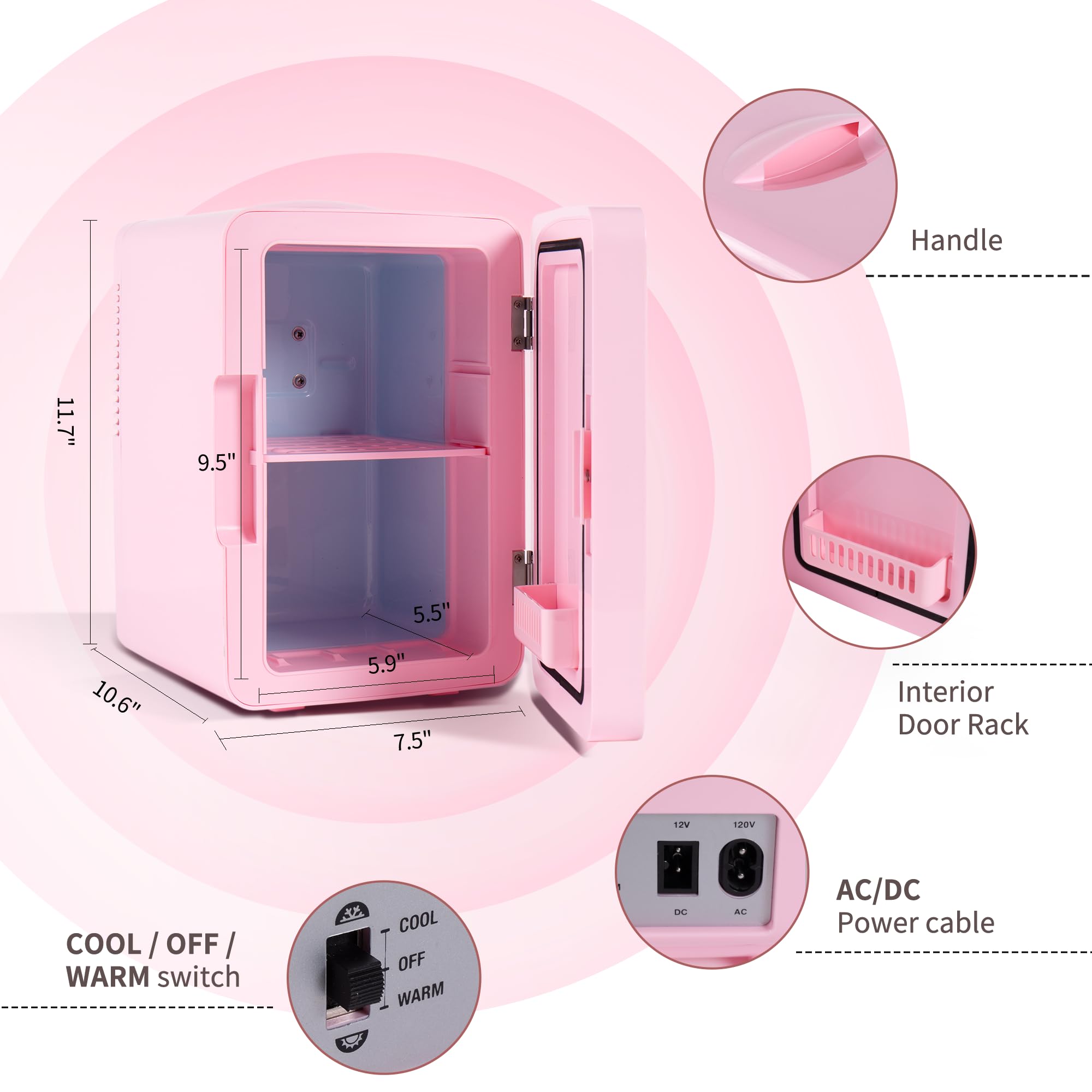 Mini Fridge for Bedroom 6L/8 Cans Skincare Fridge with LED Miroor Portable Cooler & Warmer 110V AC/12V DC Compact Small Refrigerator for Skin Care Cosmetic Beverages Drinks, Office Dorm and Car, Pink