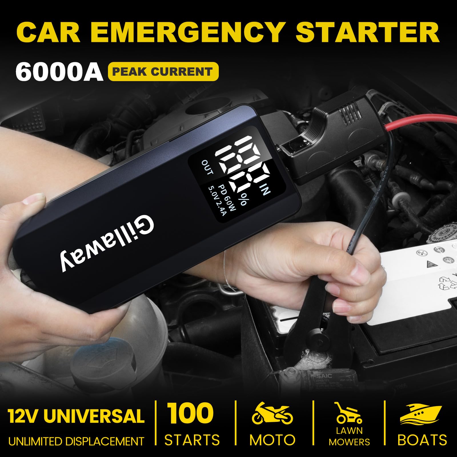 Gillaway 017 6000A Car Battery Jump Starter(for All Gas or up to 12L Diesel), Jump Starter Battery Pack up to 100 Jump Starts, Full-Screen Display and LED Light, QC3.0, Type-C, PD60W Fast Charging