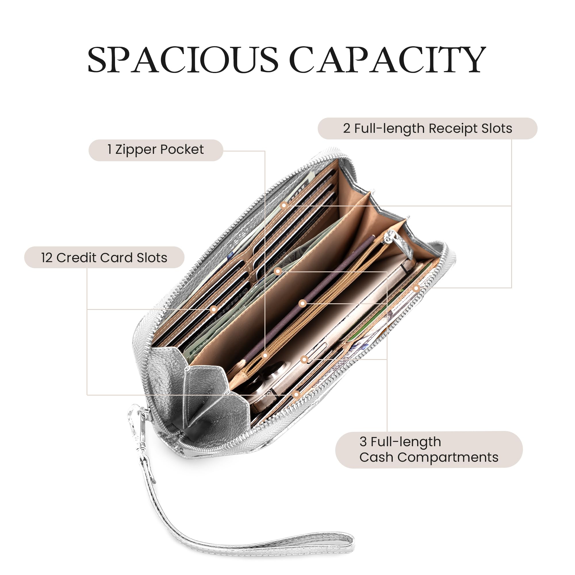 befen Genuine Leather Quilted Wristlet Clutch Wallet Purses for Women Dressy RFID Blocking Zip Around Designer Wallets Metallic Silver Evening Bags