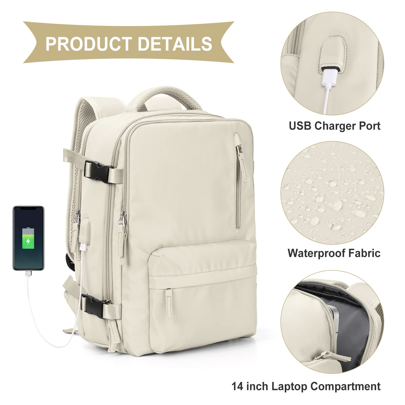 Large Travel Backpack Women Carry On Backpack Flight Approved Hiking Waterproof Rucksack Casual Daypack Laptop bags for airplanes Shoes Compartment Personal Item Travel Weekender Bag Essentials Beige