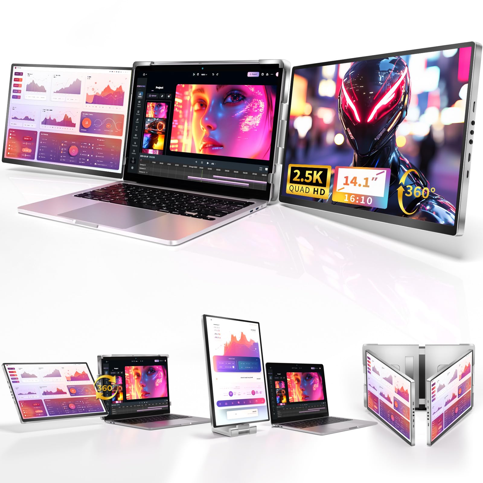 Fzaqwen Triple Screen Laptop Monitor Extender - 2.5K QHD IPS Triple Portable Monitor for Laptop 13.3-17 Inch, Plug Play and Compatible with MacOS/Wins/Chrome/Dex (Silver)